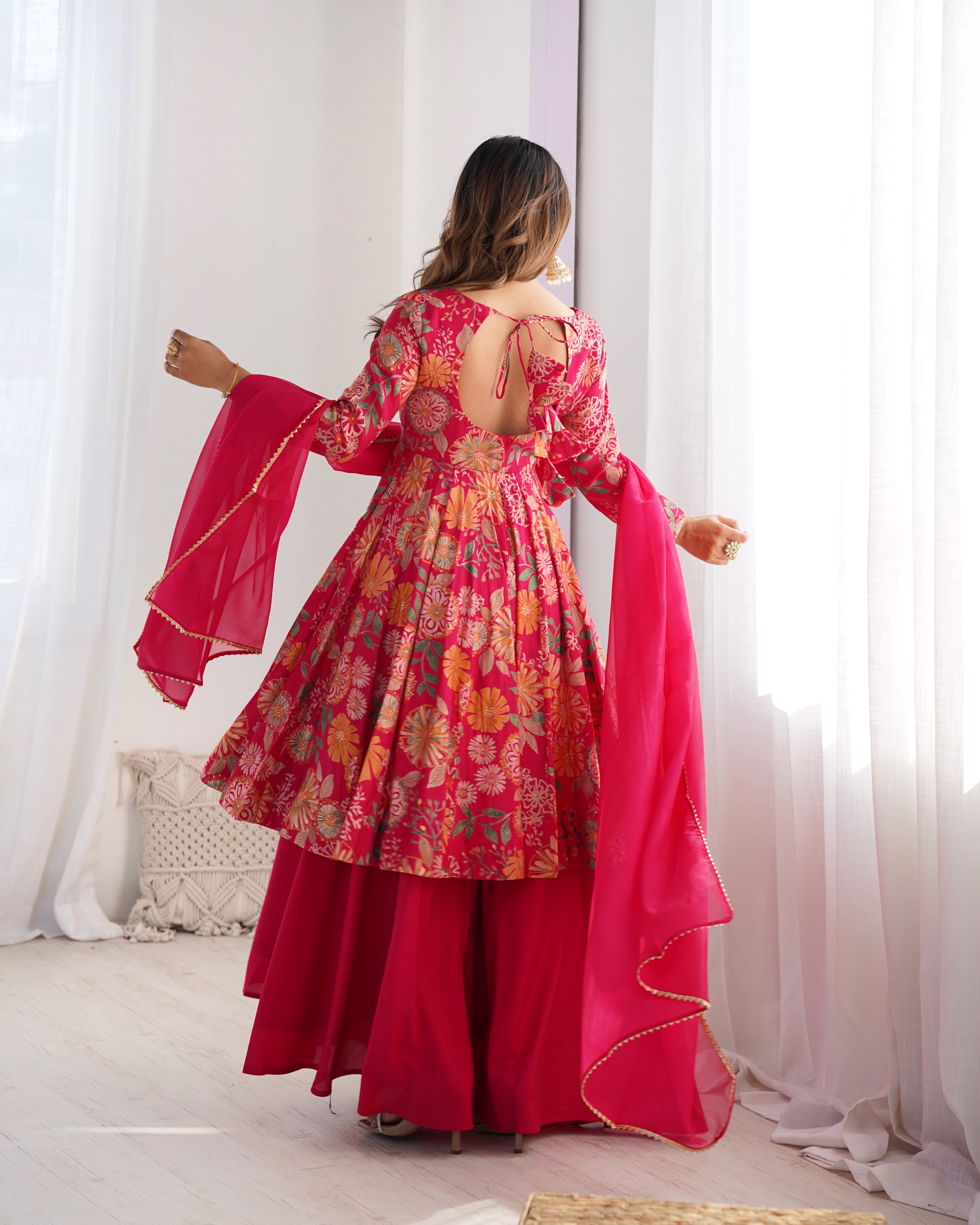 Roman Silk Chanderi Discharge Print Kediya Kurta Palazzo Set with Organza Dupatta