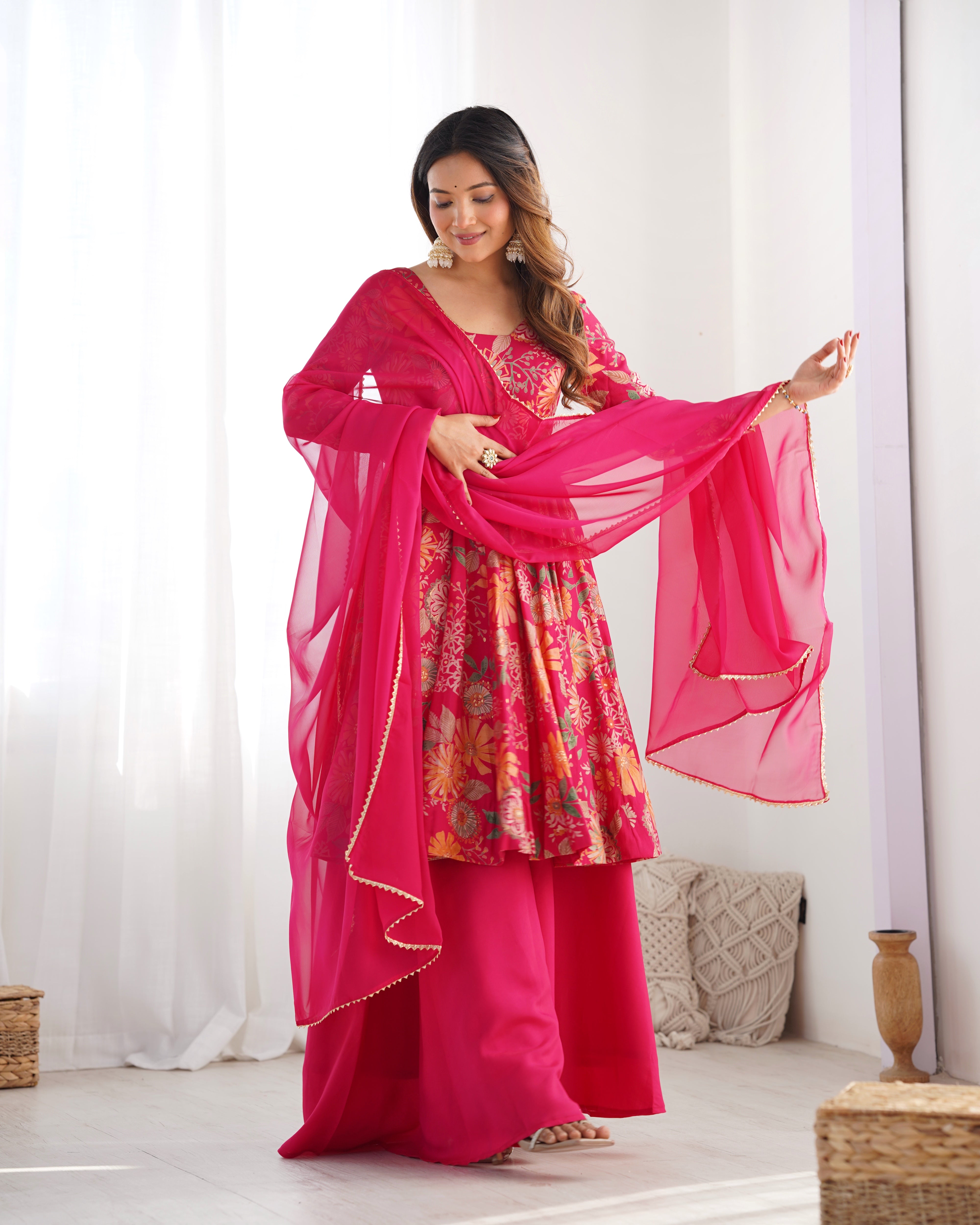 Roman Silk Chanderi Discharge Print Kediya Kurta Palazzo Set with Organza Dupatta