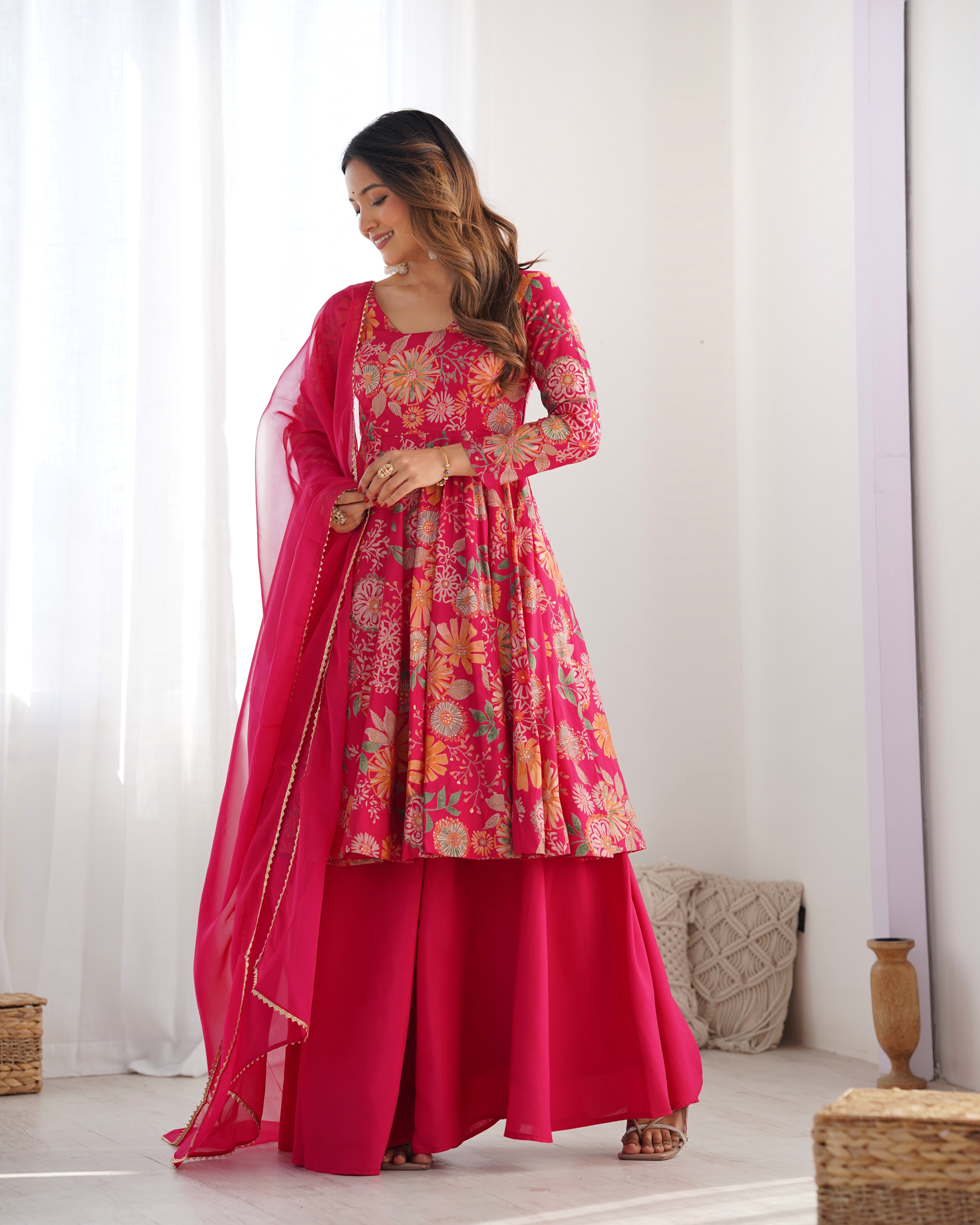 Roman Silk Chanderi Discharge Print Kediya Kurta Palazzo Set with Organza Dupatta