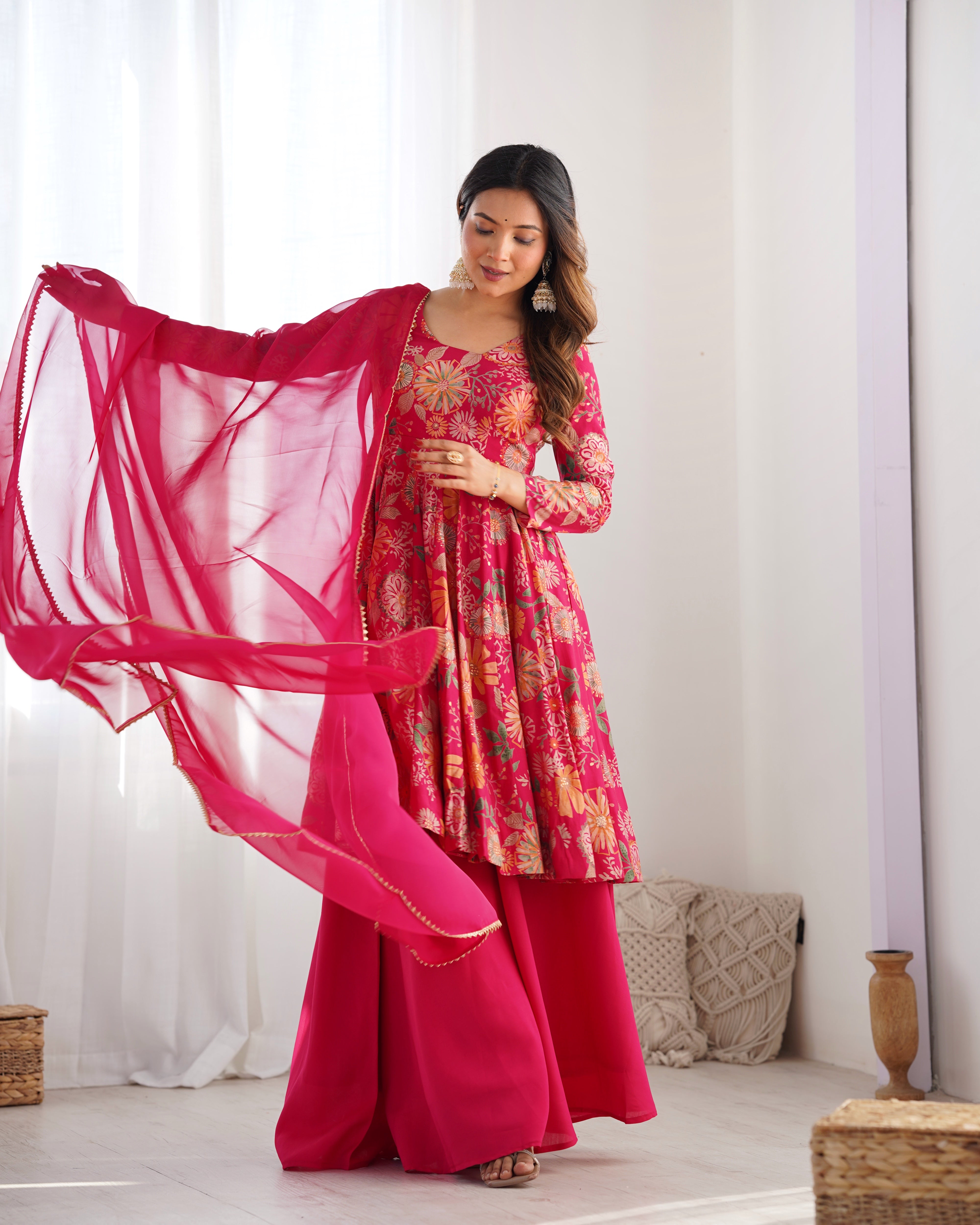 Roman Silk Chanderi Discharge Print Kediya Kurta Palazzo Set with Organza Dupatta