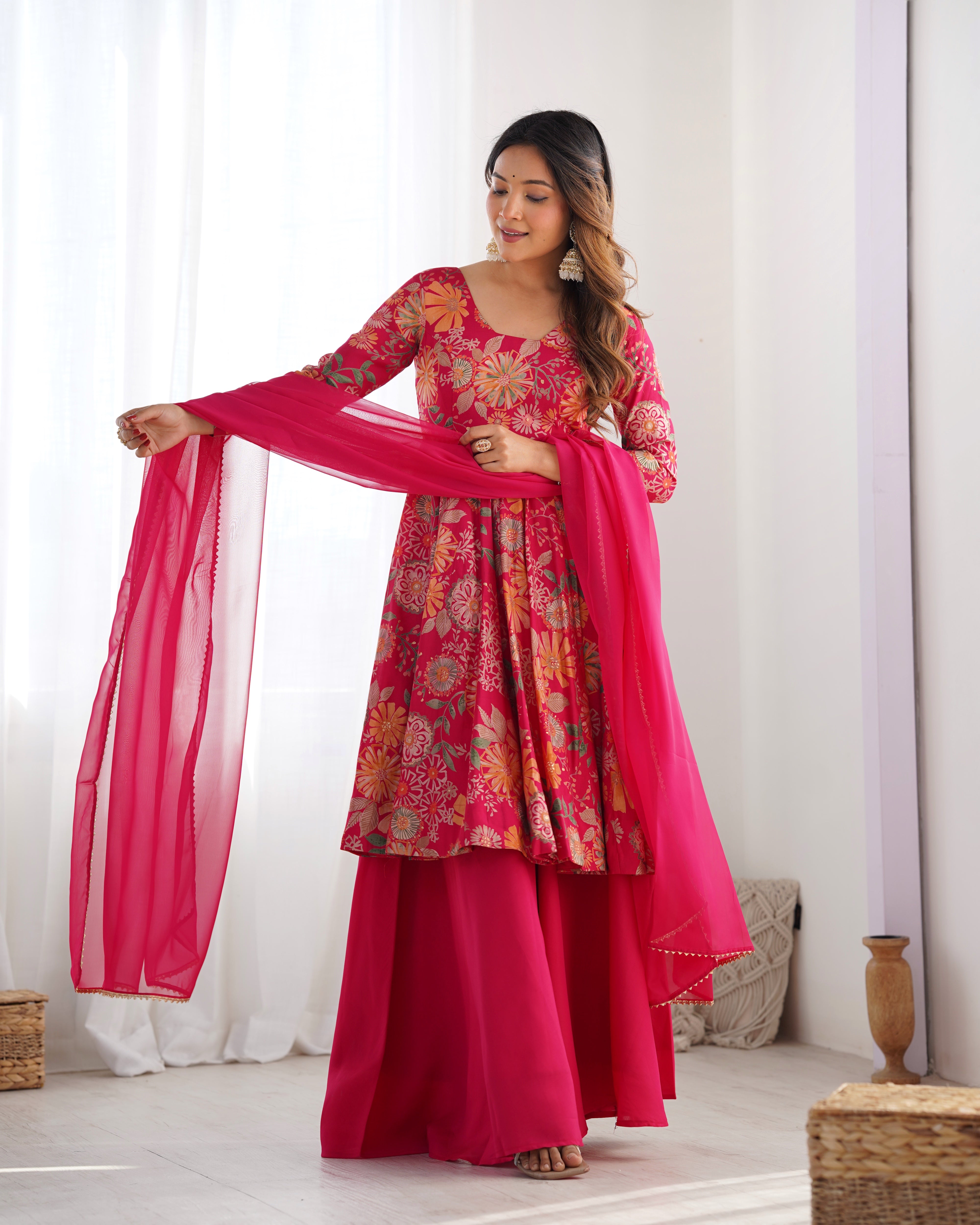 Roman Silk Chanderi Discharge Print Kediya Kurta Palazzo Set with Organza Dupatta