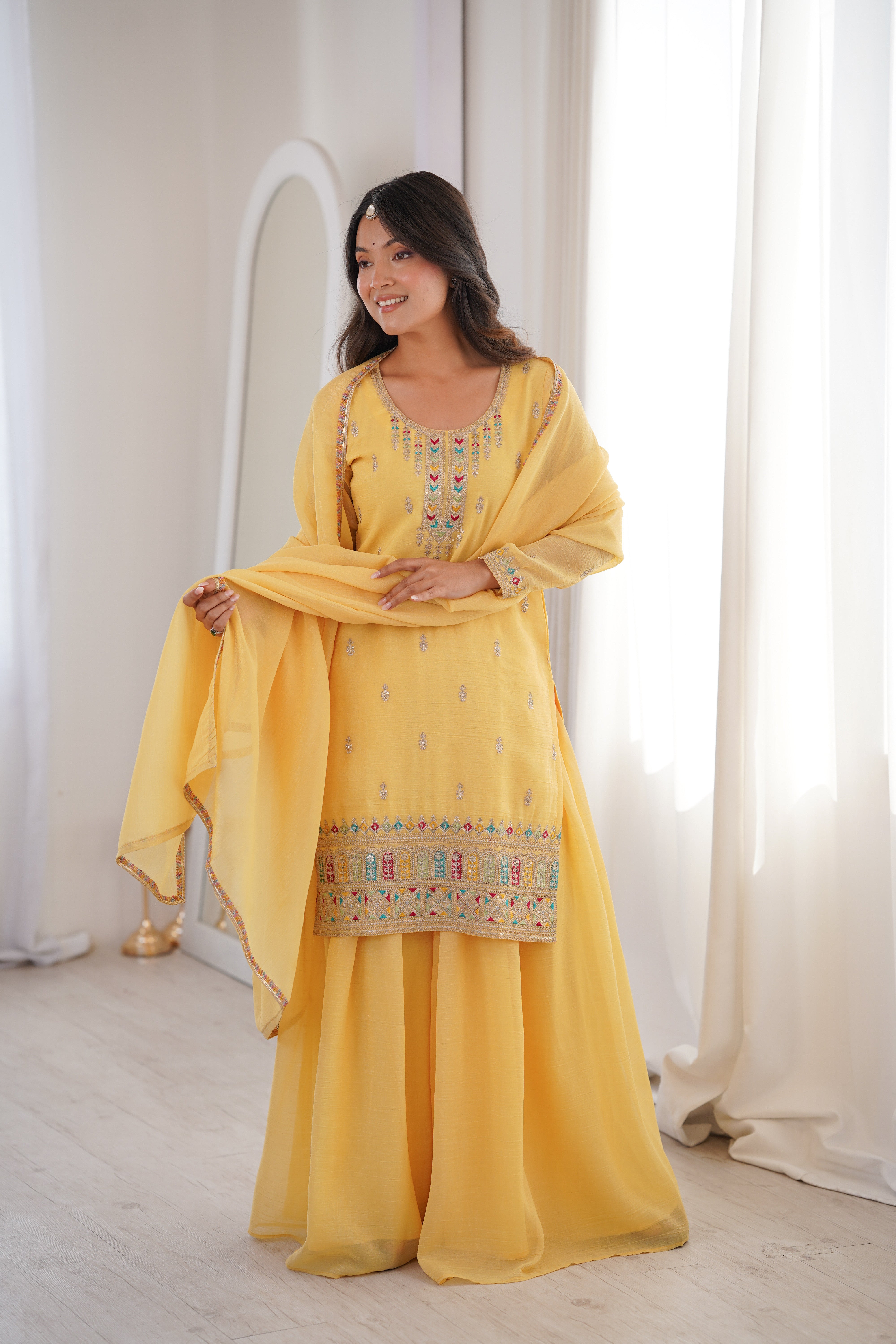 Premium Crunchy Silk Embroidered Kurta Sharara Set with Dupatta