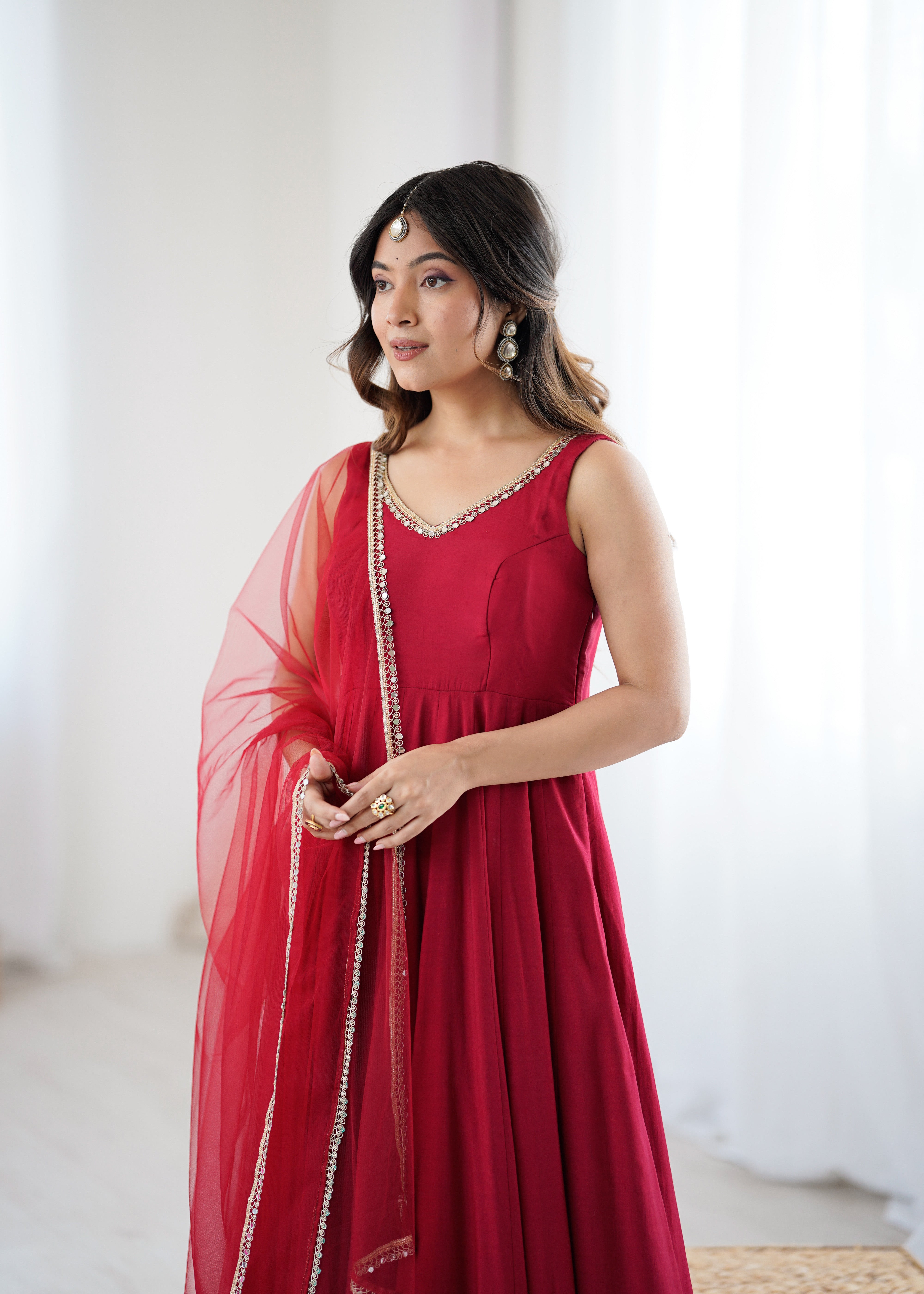 Women's Roman Silk Chanderi Anarkali Pant Dupatta Set with Mirror Lace Dupatta