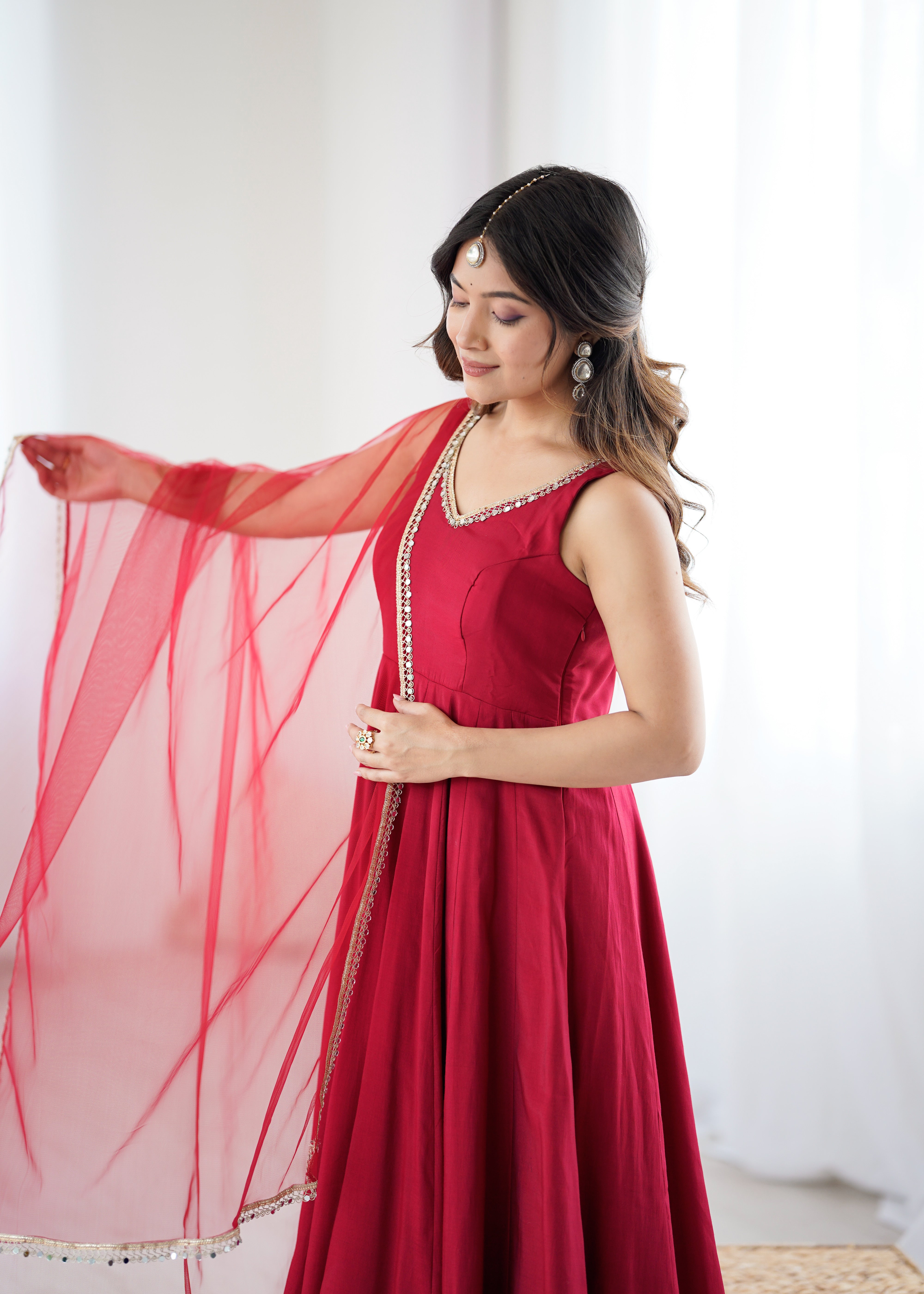 Women's Roman Silk Chanderi Anarkali Pant Dupatta Set with Mirror Lace Dupatta