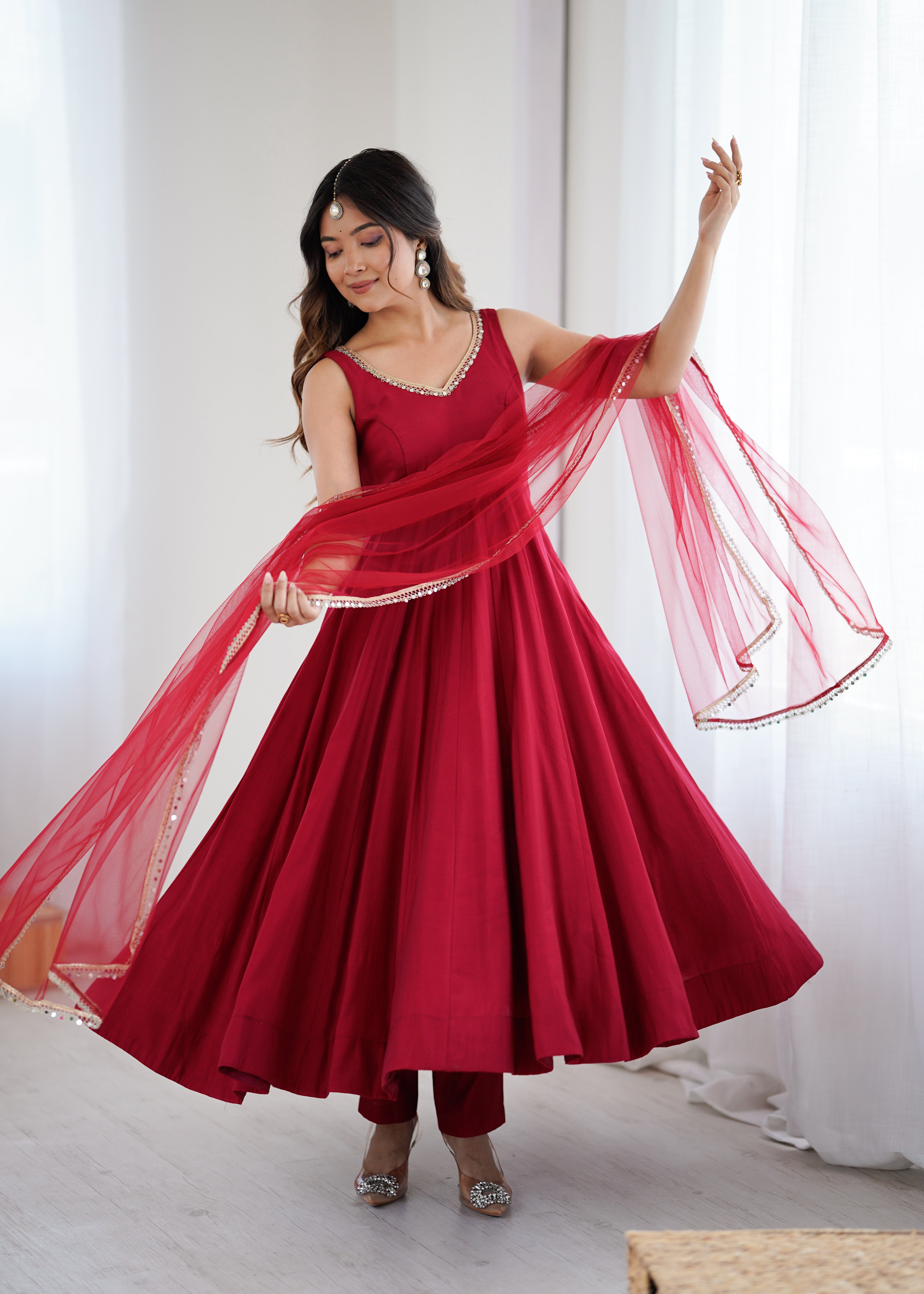 Women's Roman Silk Chanderi Anarkali Pant Dupatta Set with Mirror Lace Dupatta