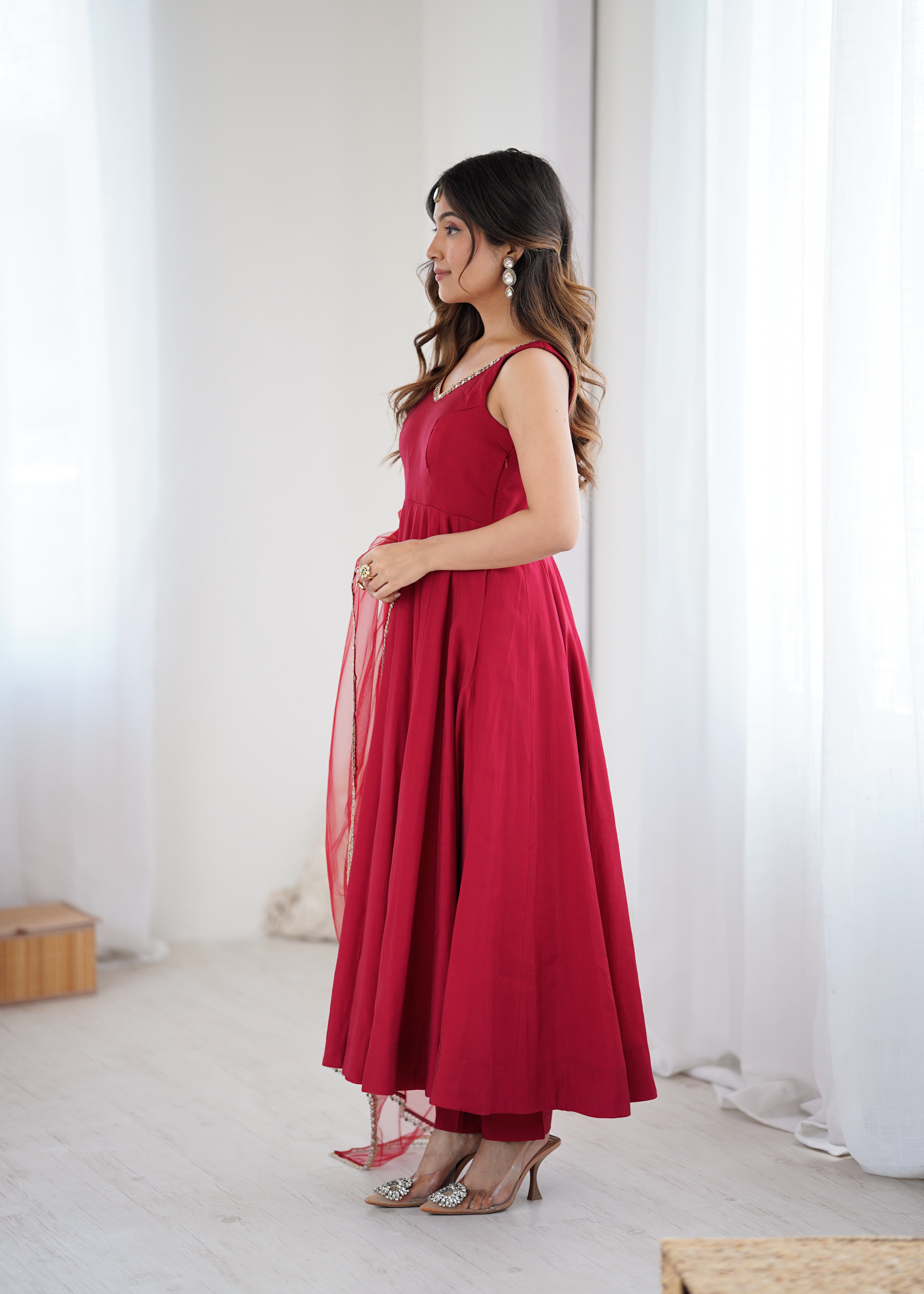 Women's Roman Silk Chanderi Anarkali Pant Dupatta Set with Mirror Lace Dupatta