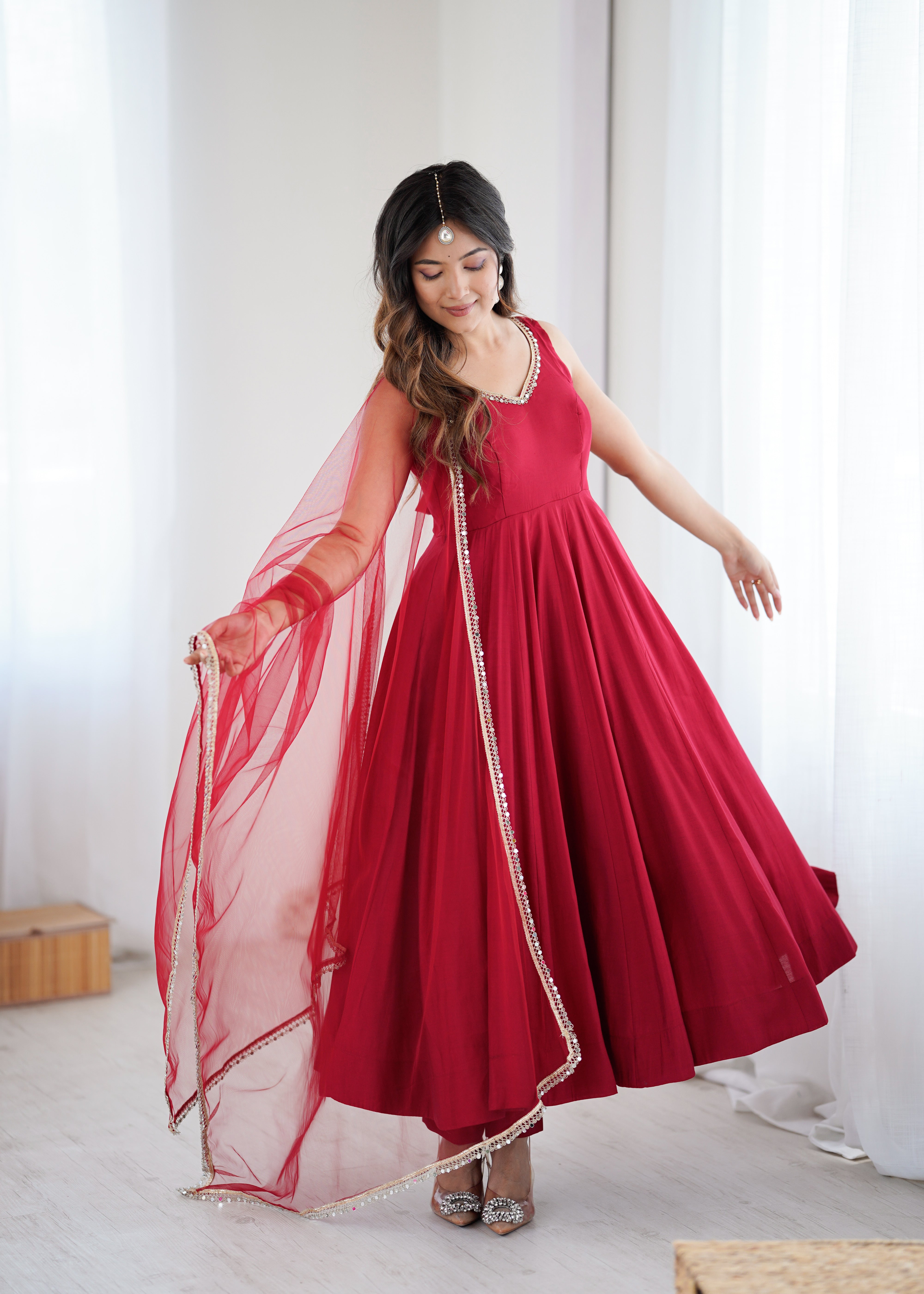 Women's Roman Silk Chanderi Anarkali Pant Dupatta Set with Mirror Lace Dupatta