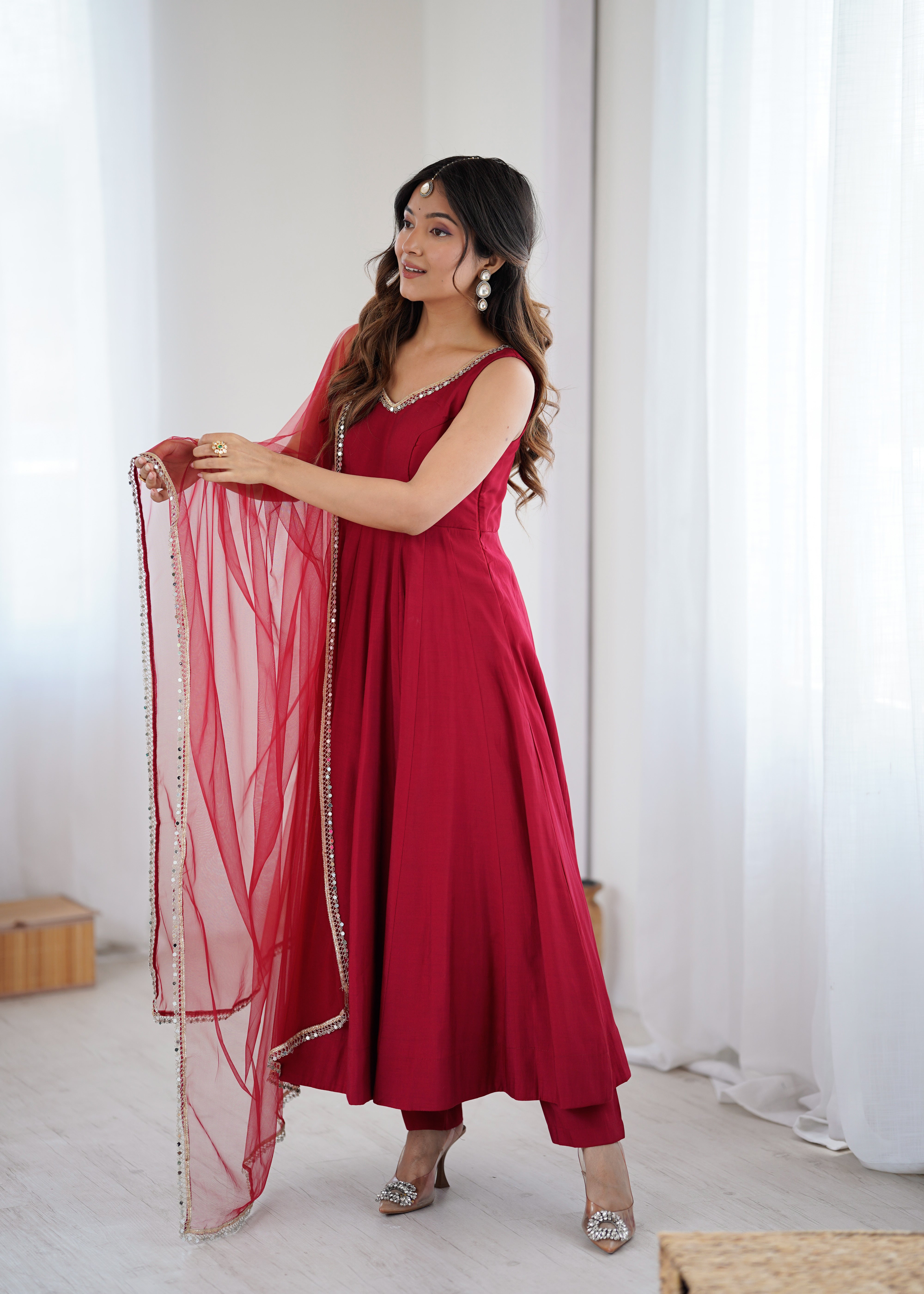 Women's Roman Silk Chanderi Anarkali Pant Dupatta Set with Mirror Lace Dupatta