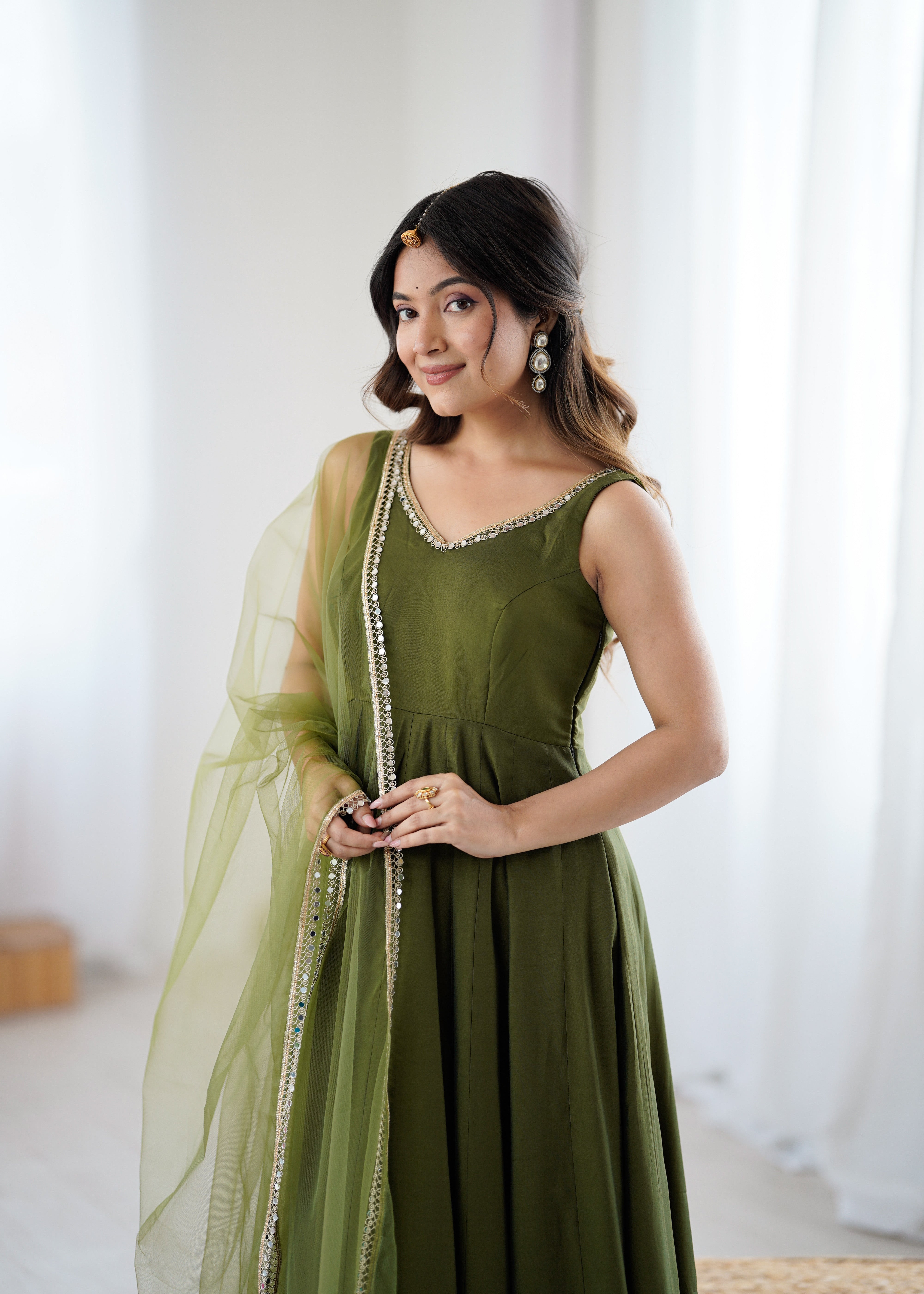 Women's Roman Silk Chanderi Anarkali Pant Dupatta Set with Mirror Lace Dupatta