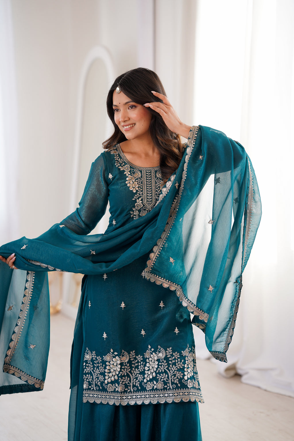 Women's Soft Crunchy Silk Embroidered Kurta Sharara Set with Dupatta