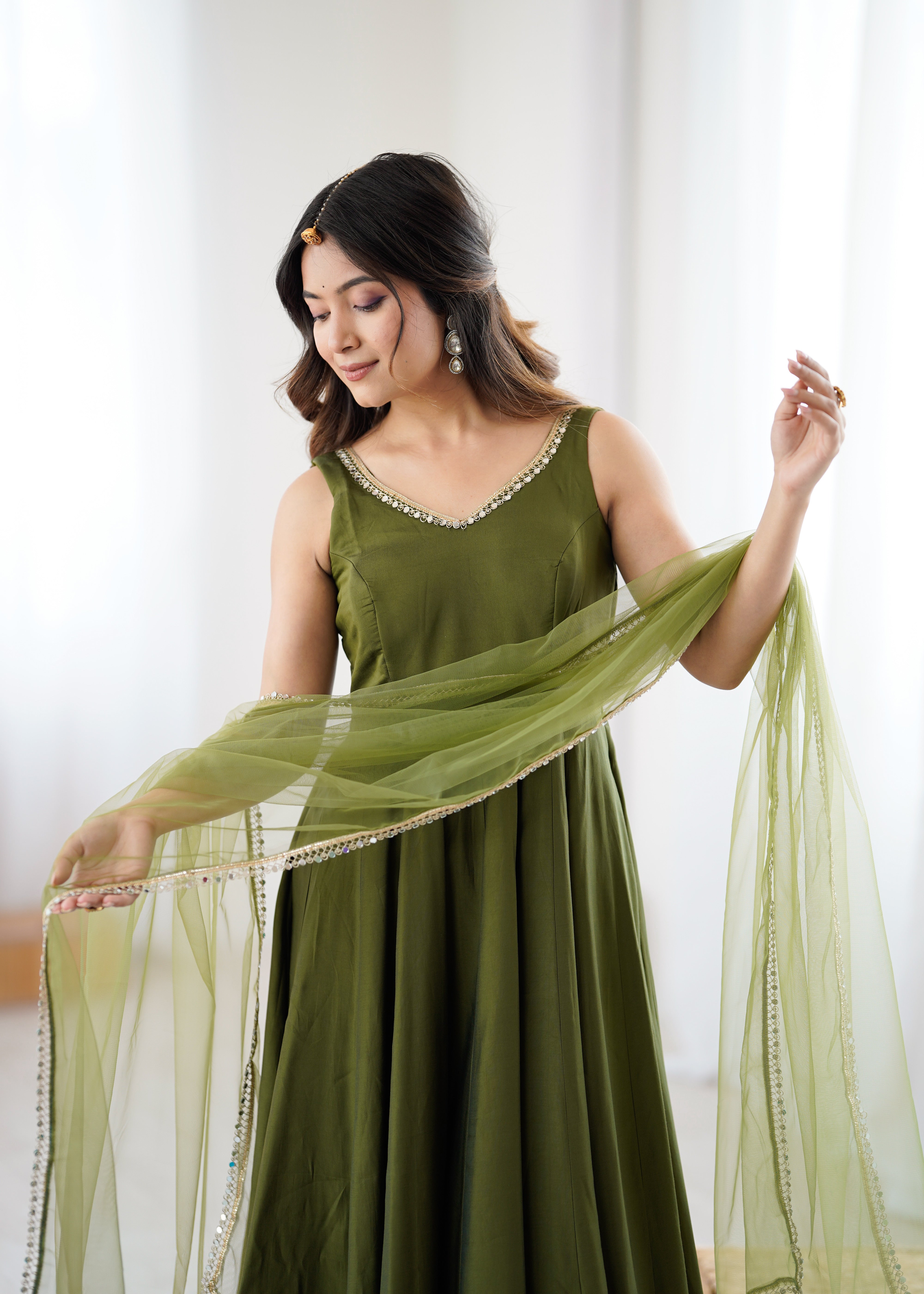 Women's Roman Silk Chanderi Anarkali Pant Dupatta Set with Mirror Lace Dupatta