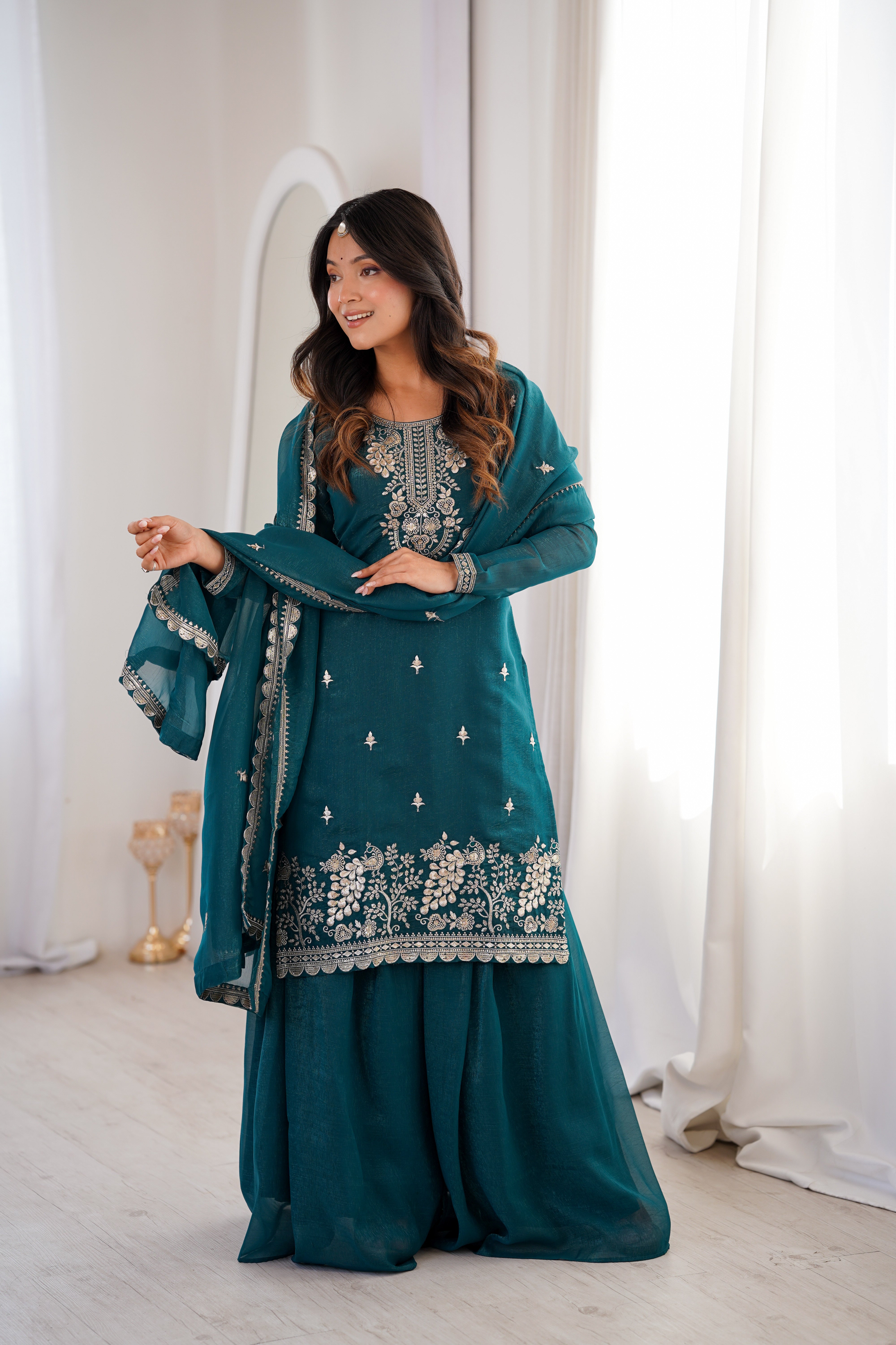 Women's Soft Crunchy Silk Embroidered Kurta Sharara Set with Dupatta