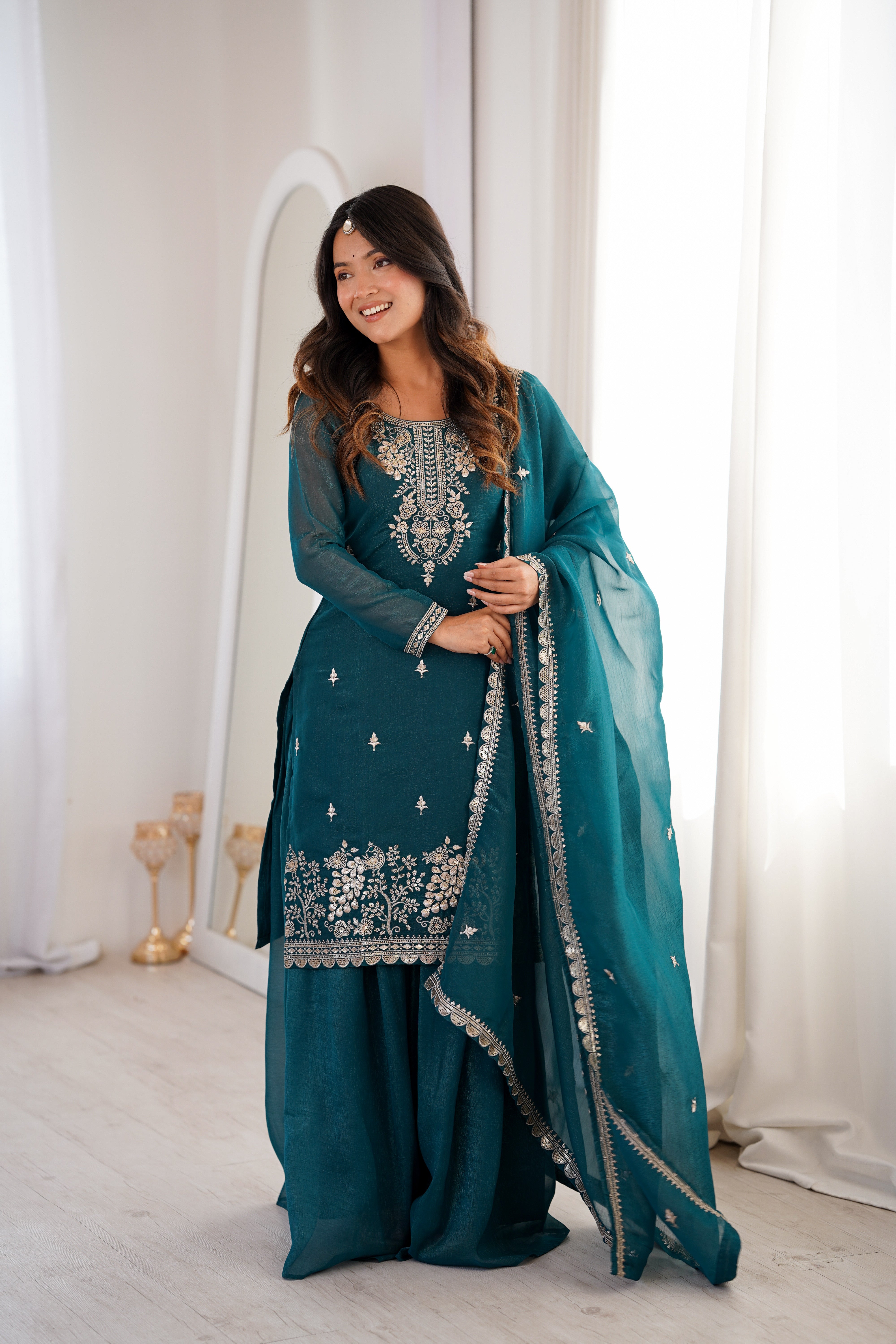 Women's Soft Crunchy Silk Embroidered Kurta Sharara Set with Dupatta