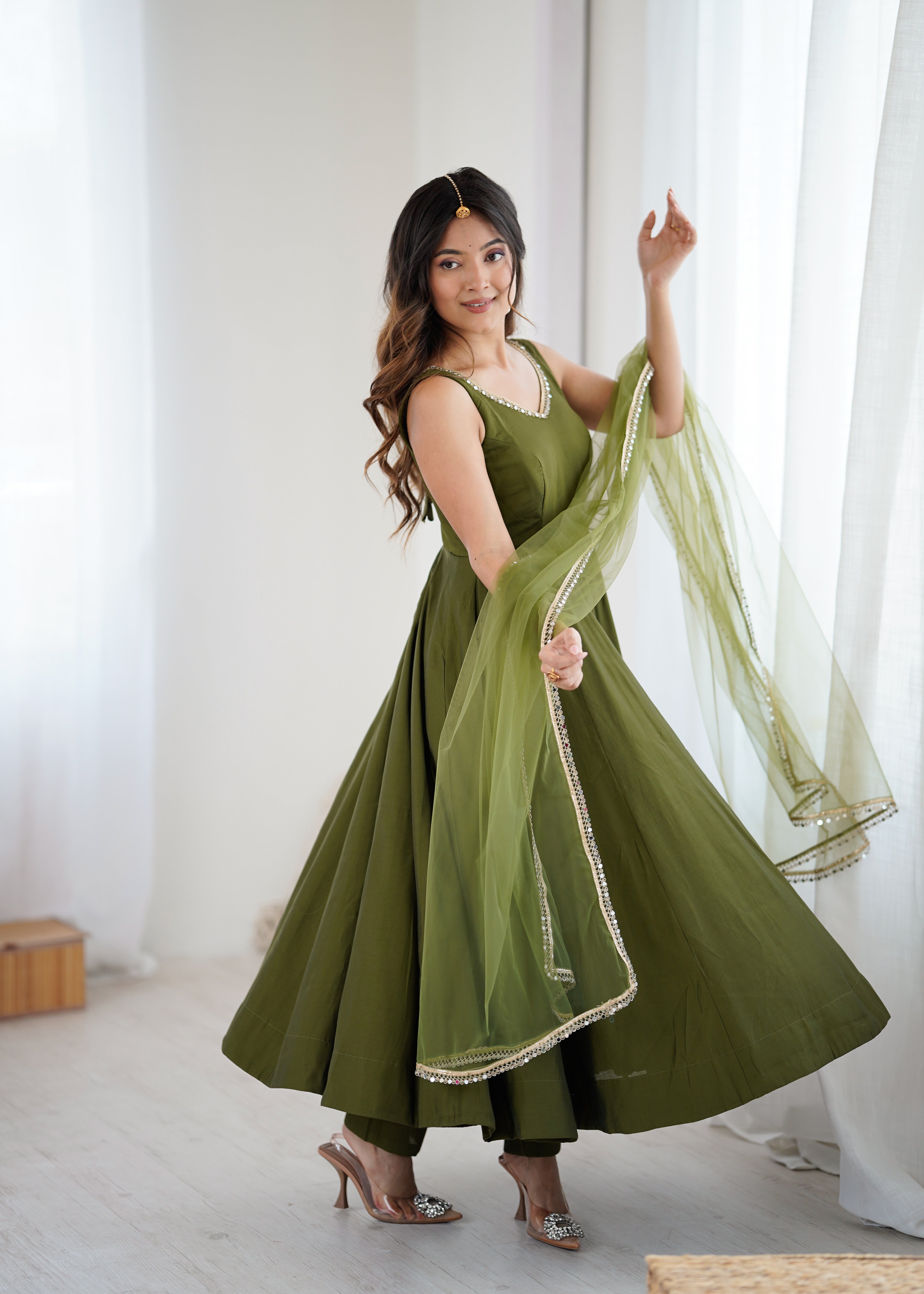 Women's Roman Silk Chanderi Anarkali Pant Dupatta Set with Mirror Lace Dupatta