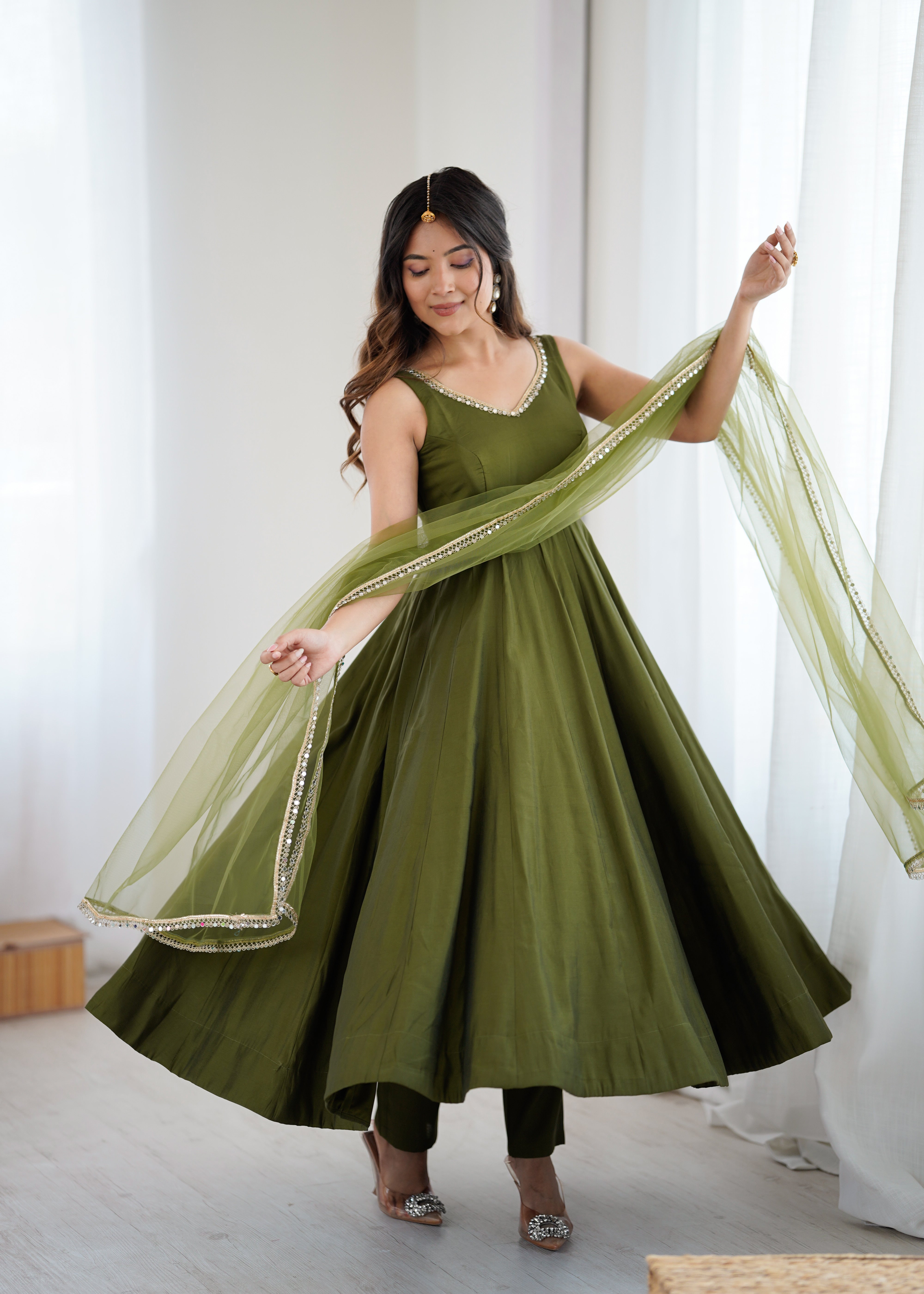 Women's Roman Silk Chanderi Anarkali Pant Dupatta Set with Mirror Lace Dupatta