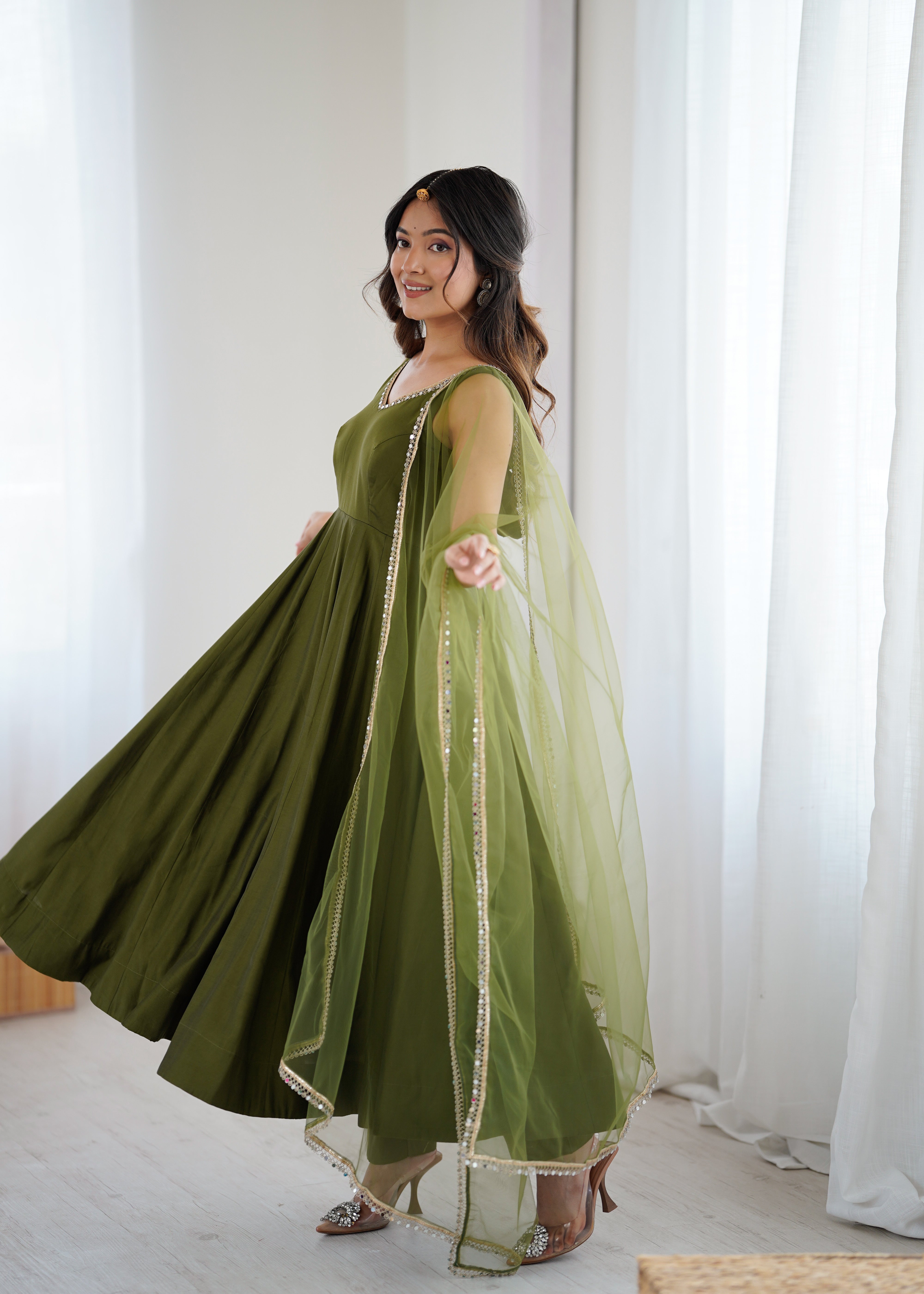 Women's Roman Silk Chanderi Anarkali Pant Dupatta Set with Mirror Lace Dupatta