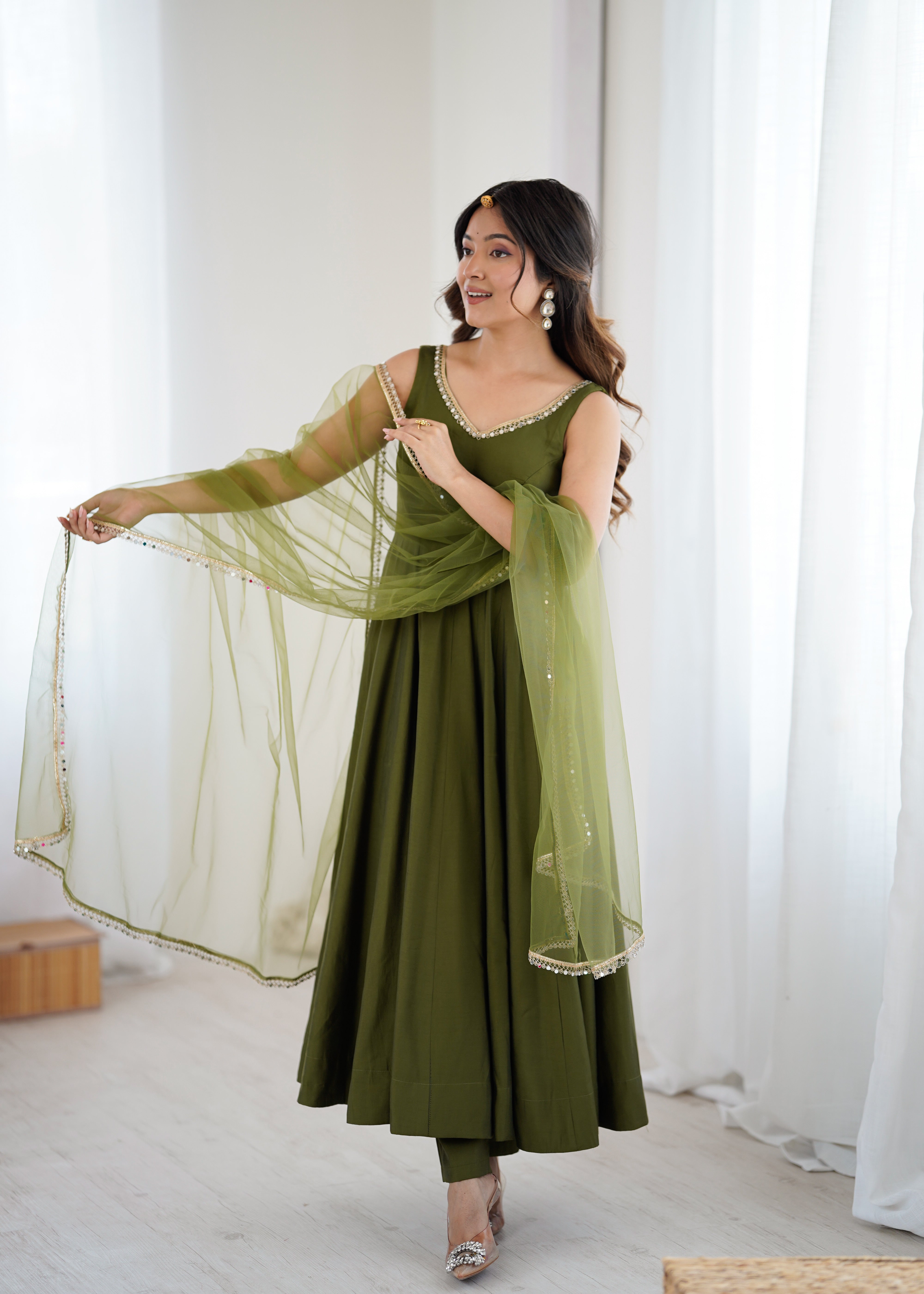 Women's Roman Silk Chanderi Anarkali Pant Dupatta Set with Mirror Lace Dupatta