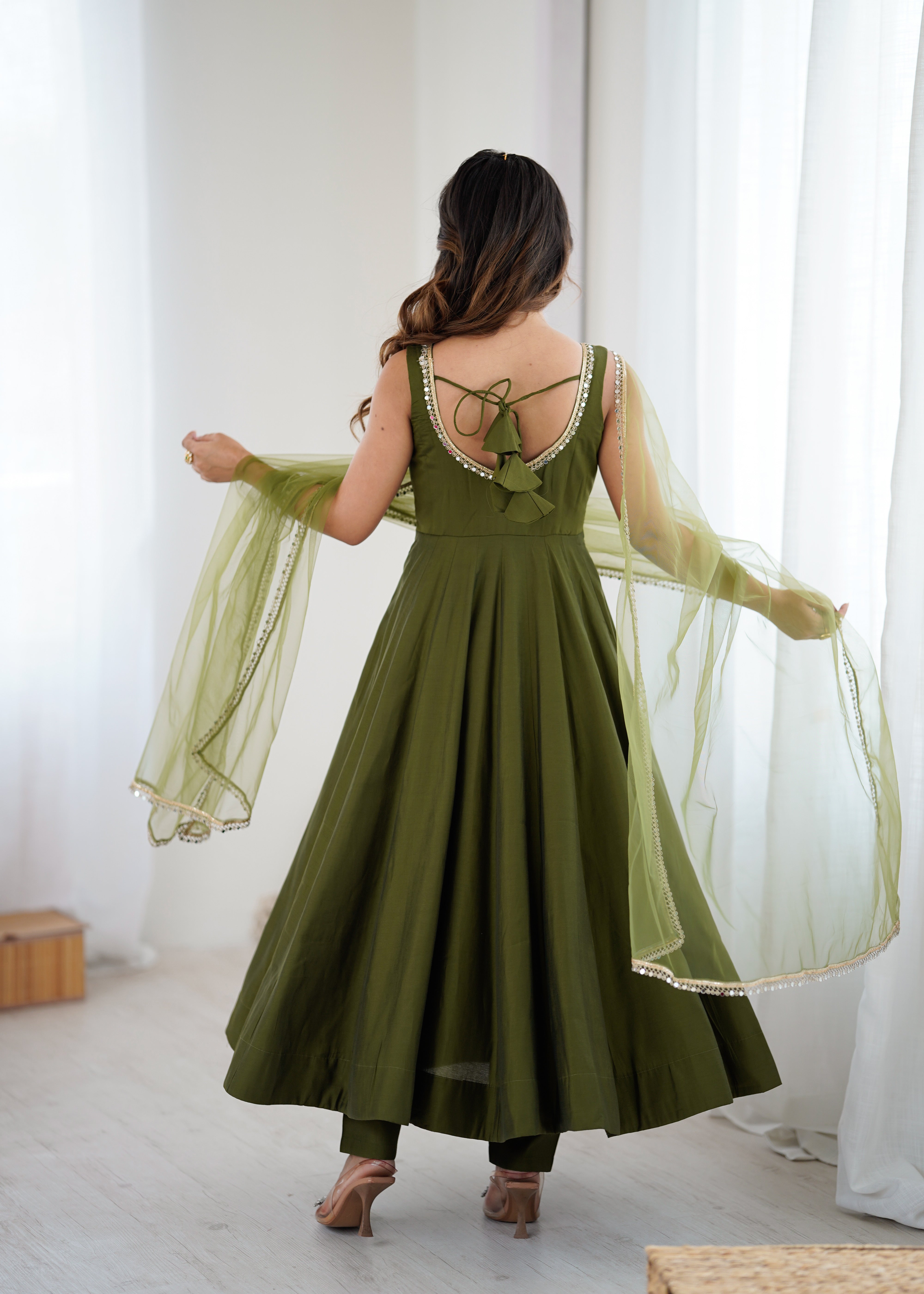Women's Roman Silk Chanderi Anarkali Pant Dupatta Set with Mirror Lace Dupatta
