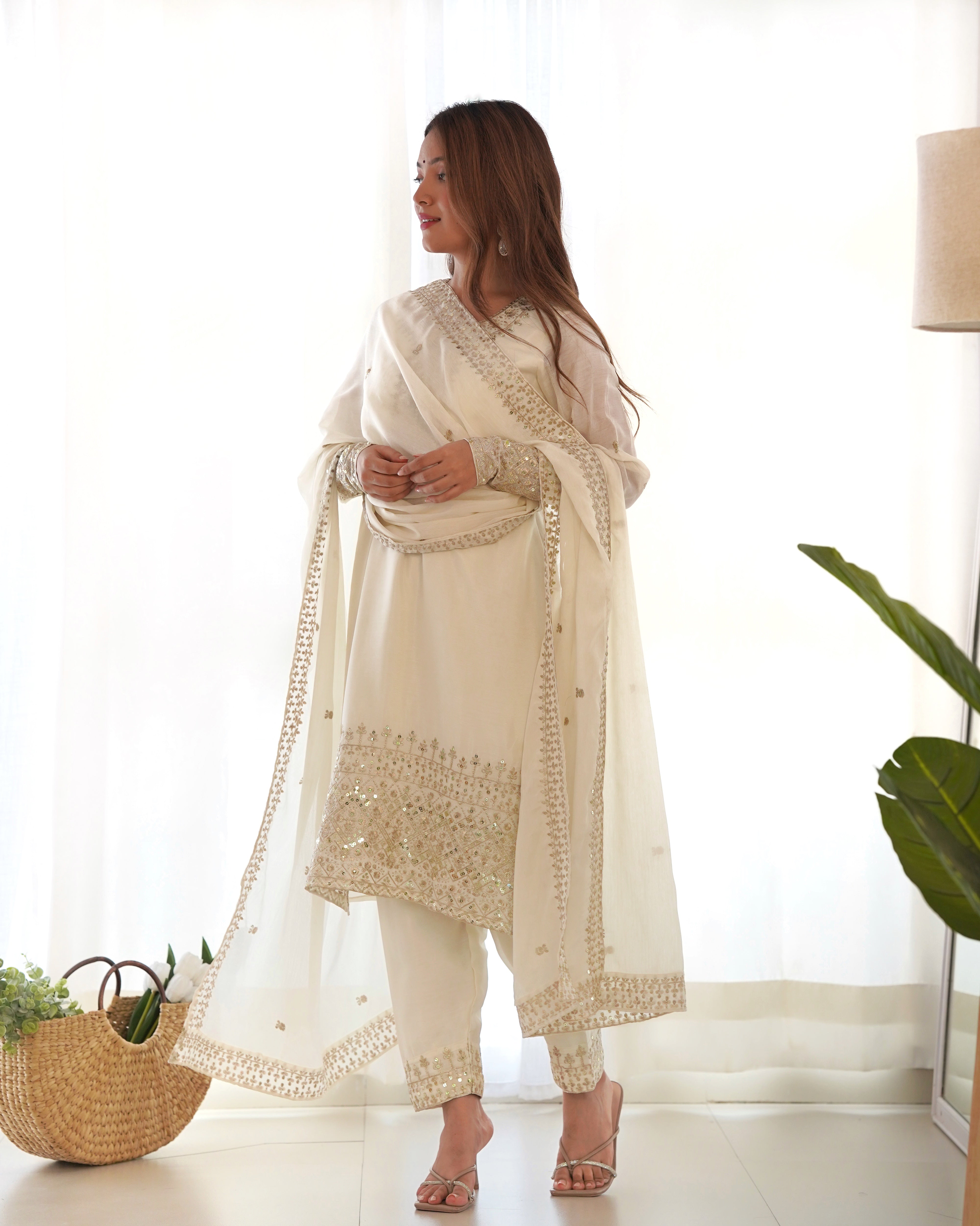 Women's Pure Chinon Silk Straight Kurta Pant Dupatta Set with Embroidery Sequence and Zari Work