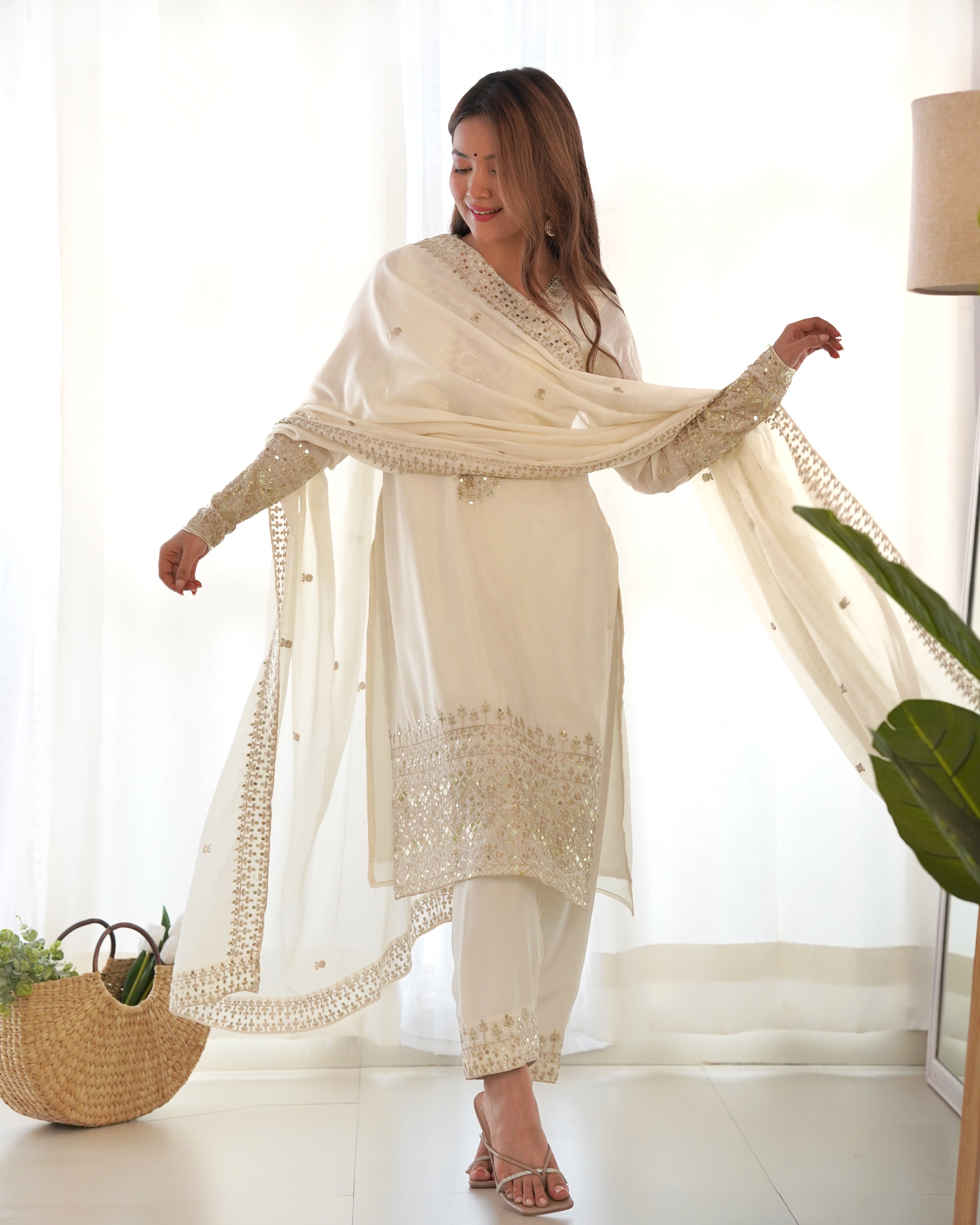 Women's Pure Chinon Silk Straight Kurta Pant Dupatta Set with Embroidery Sequence and Zari Work