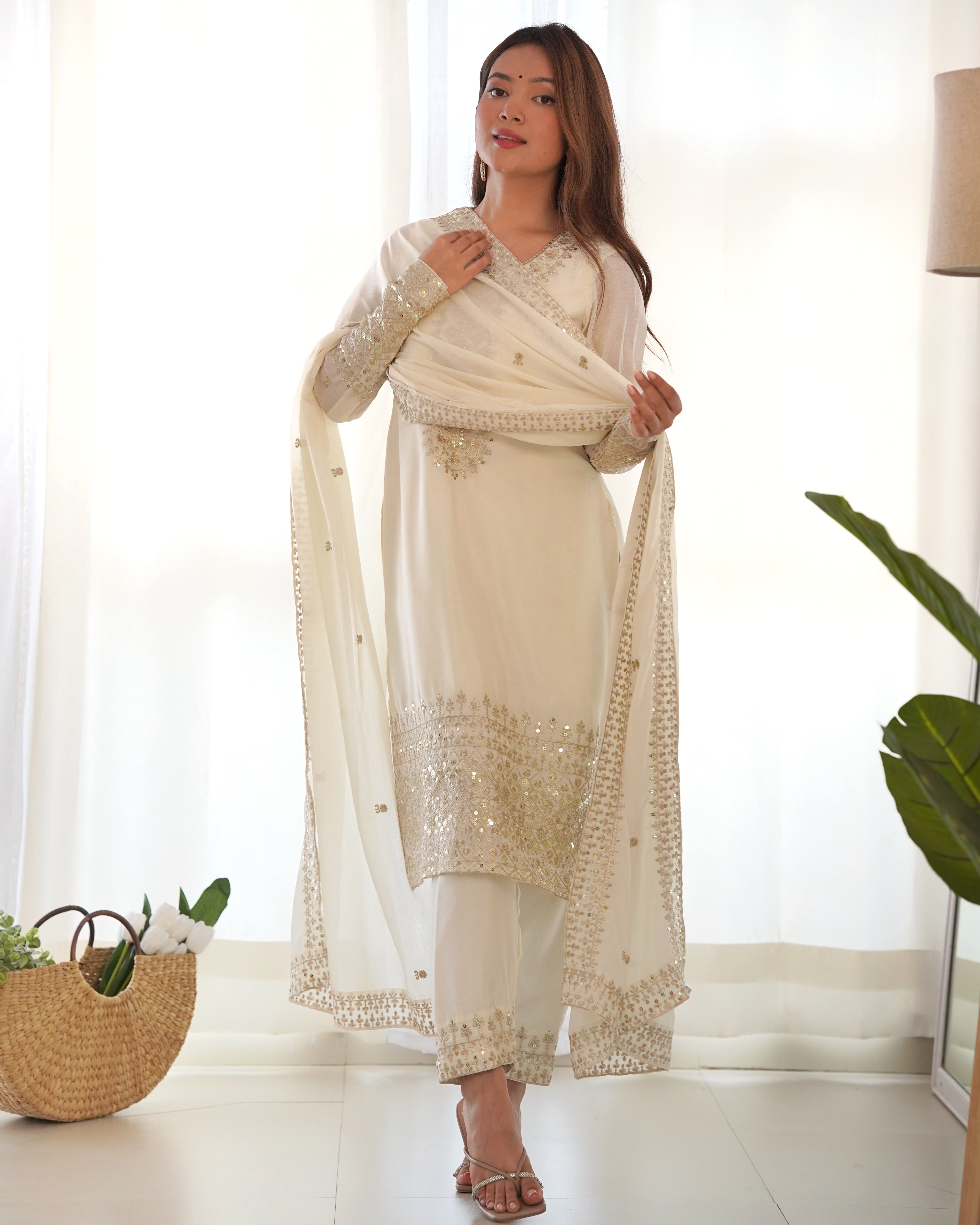 Women's Pure Chinon Silk Straight Kurta Pant Dupatta Set with Embroidery Sequence and Zari Work