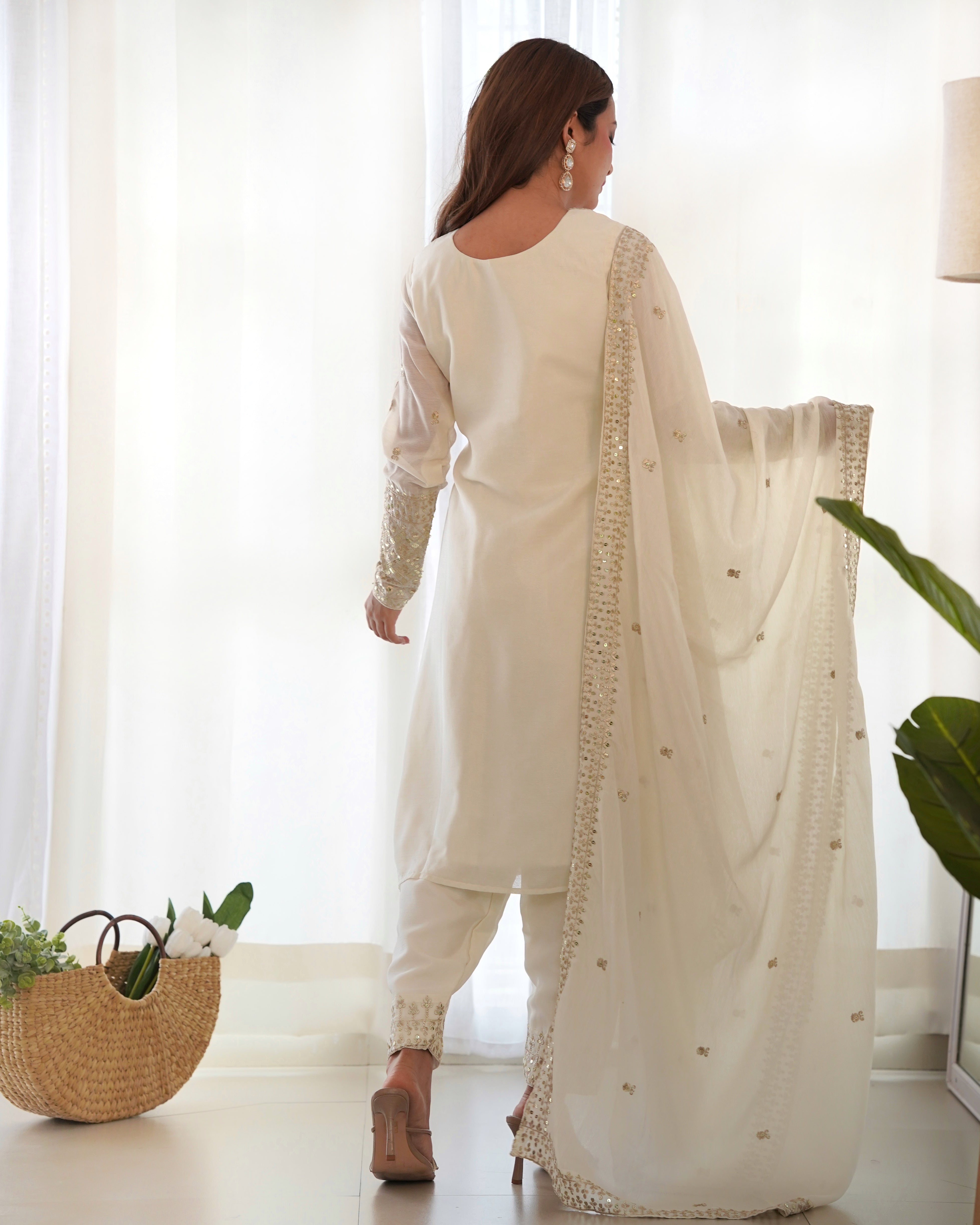 Women's Pure Chinon Silk Straight Kurta Pant Dupatta Set with Embroidery Sequence and Zari Work