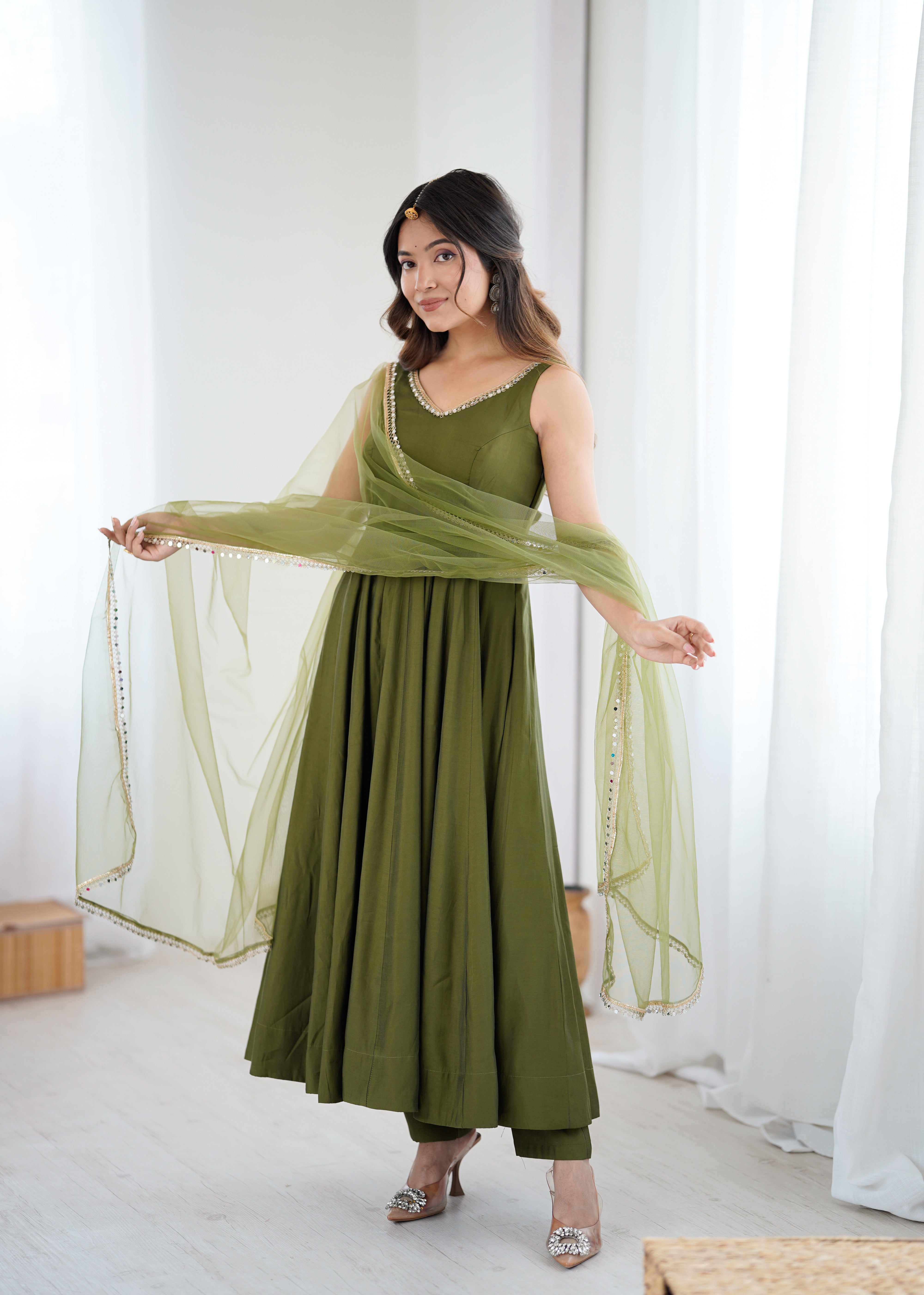Women's Roman Silk Chanderi Anarkali Pant Dupatta Set with Mirror Lace Dupatta