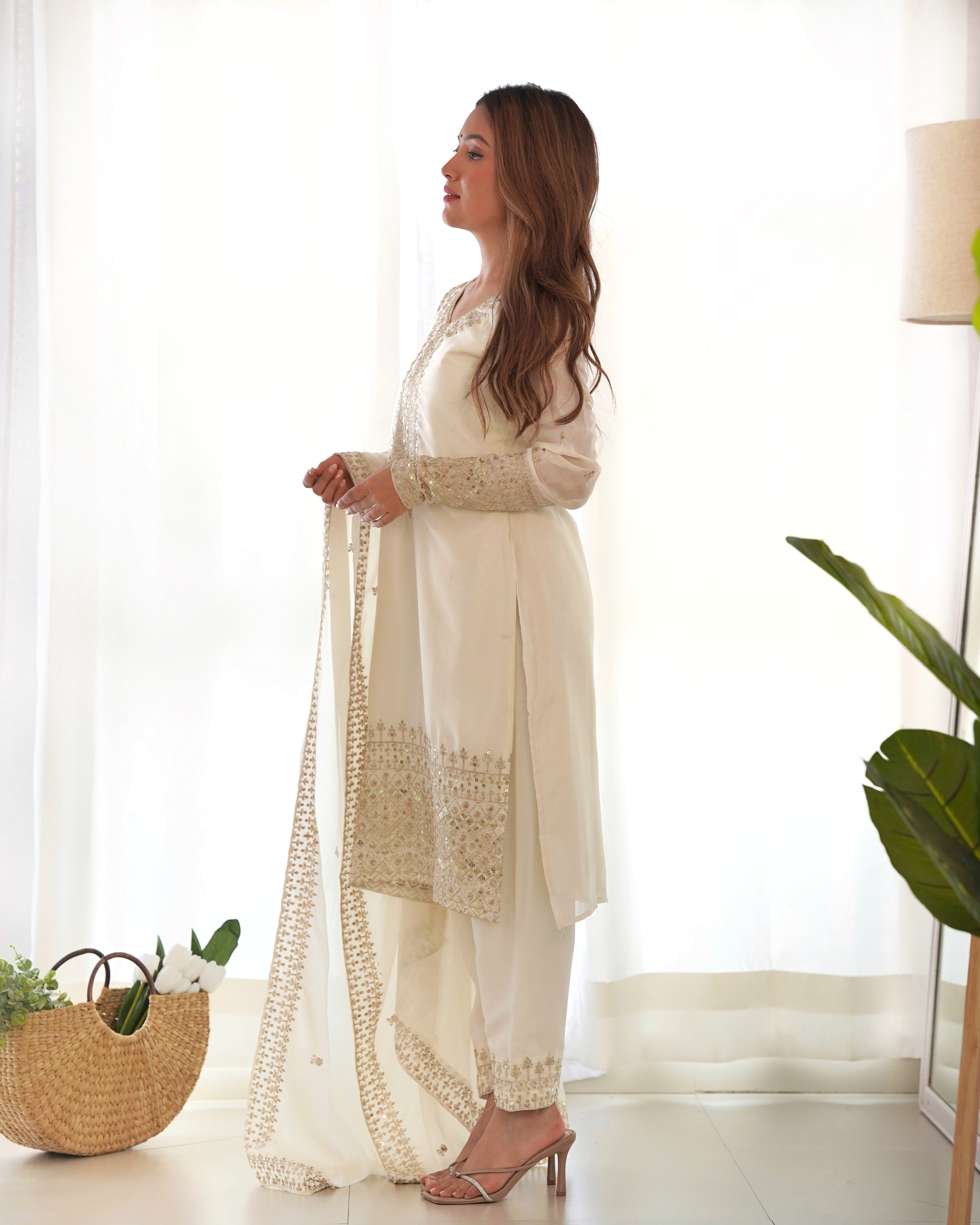 Women's Pure Chinon Silk Straight Kurta Pant Dupatta Set with Embroidery Sequence and Zari Work