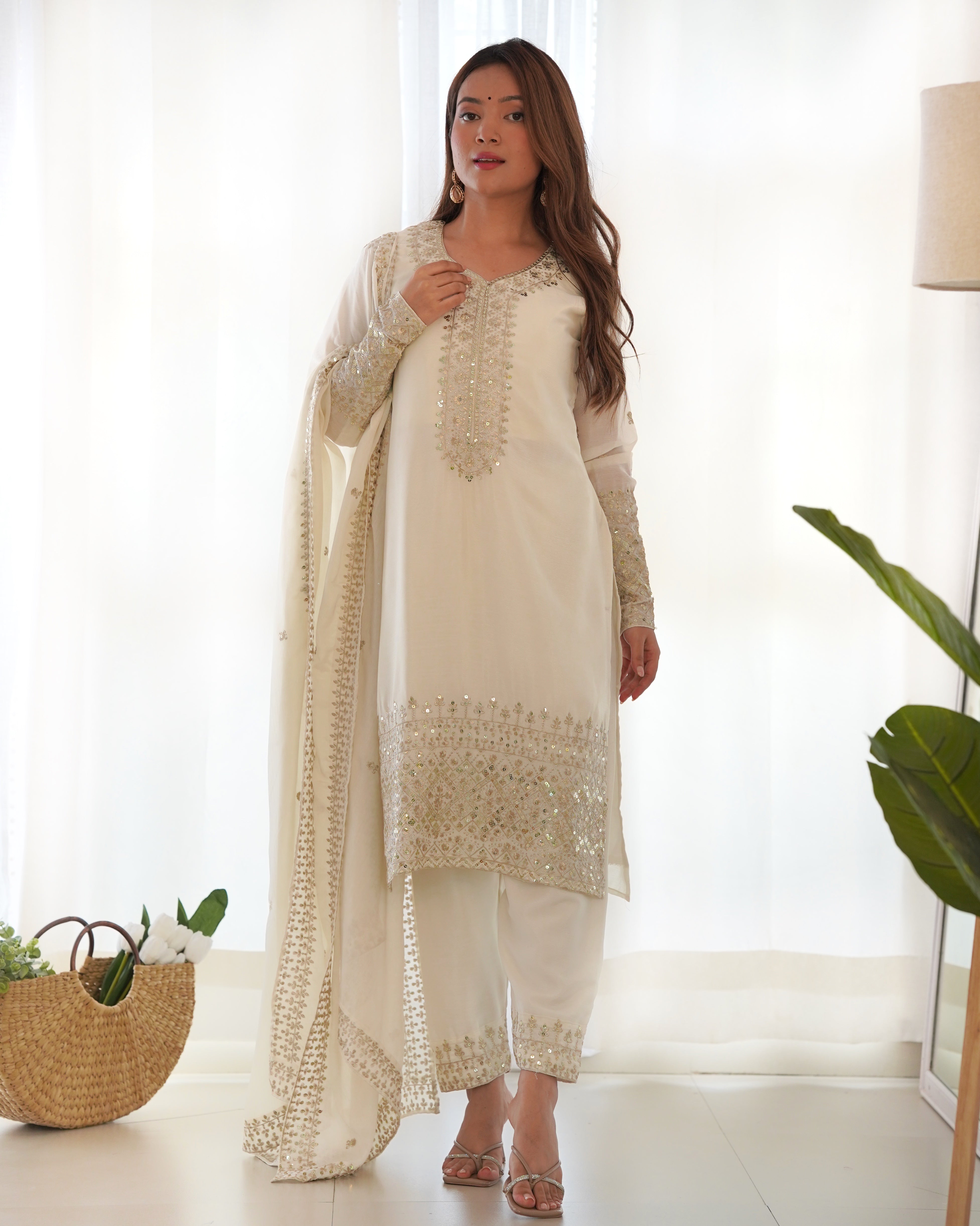 Women's Pure Chinon Silk Straight Kurta Pant Dupatta Set with Embroidery Sequence and Zari Work
