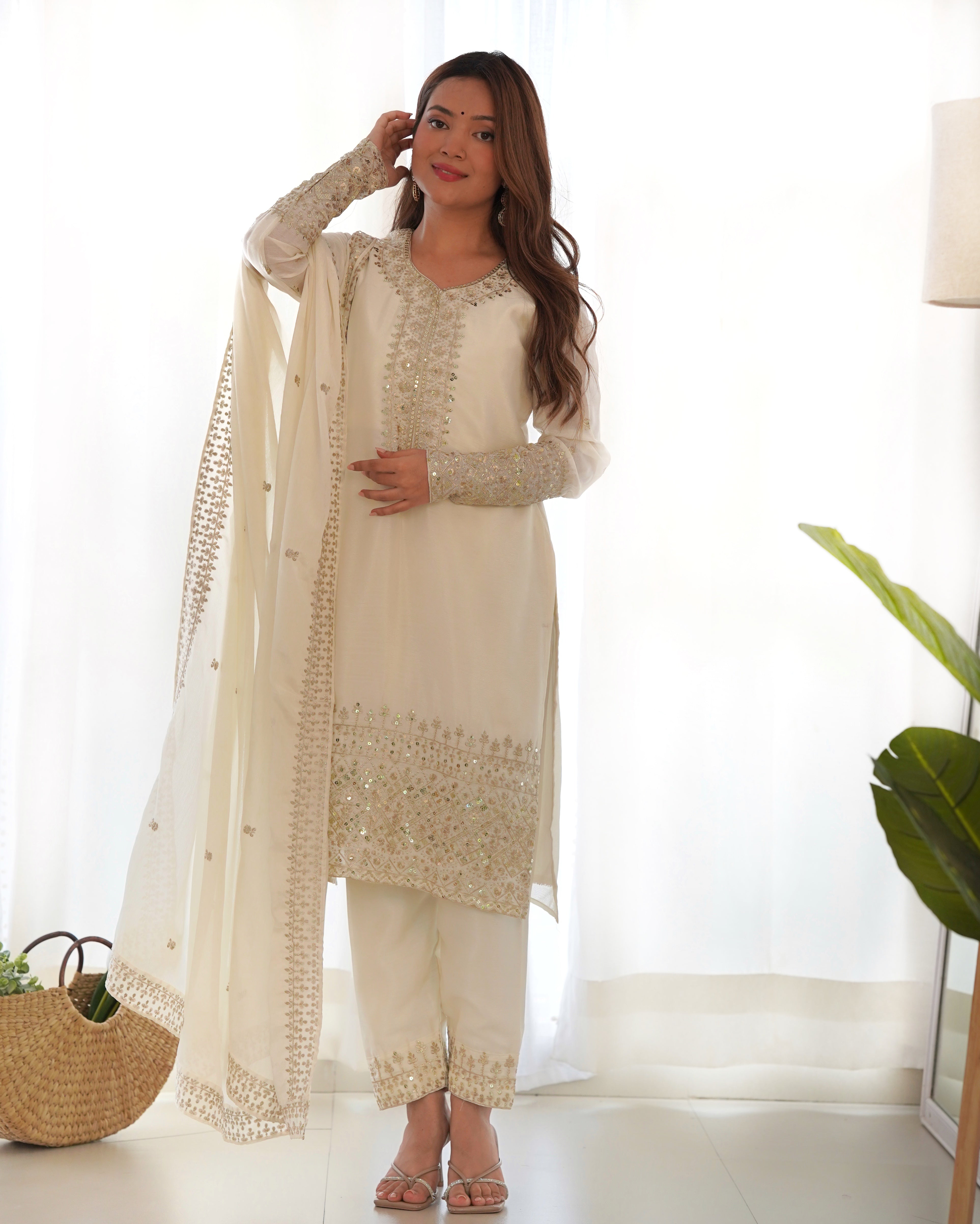 Women's Pure Chinon Silk Straight Kurta Pant Dupatta Set with Embroidery Sequence and Zari Work
