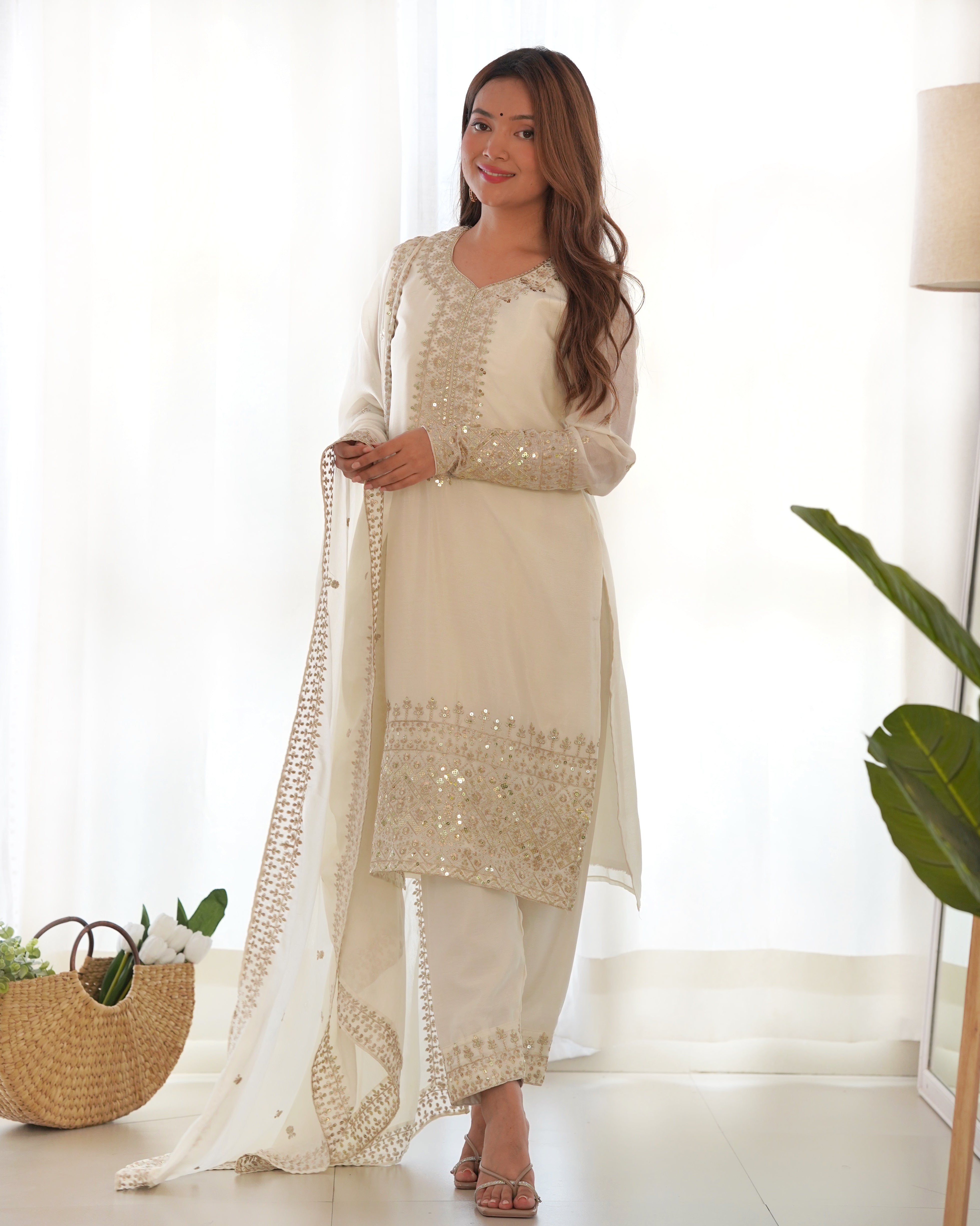 Women's Pure Chinon Silk Straight Kurta Pant Dupatta Set with Embroidery Sequence and Zari Work