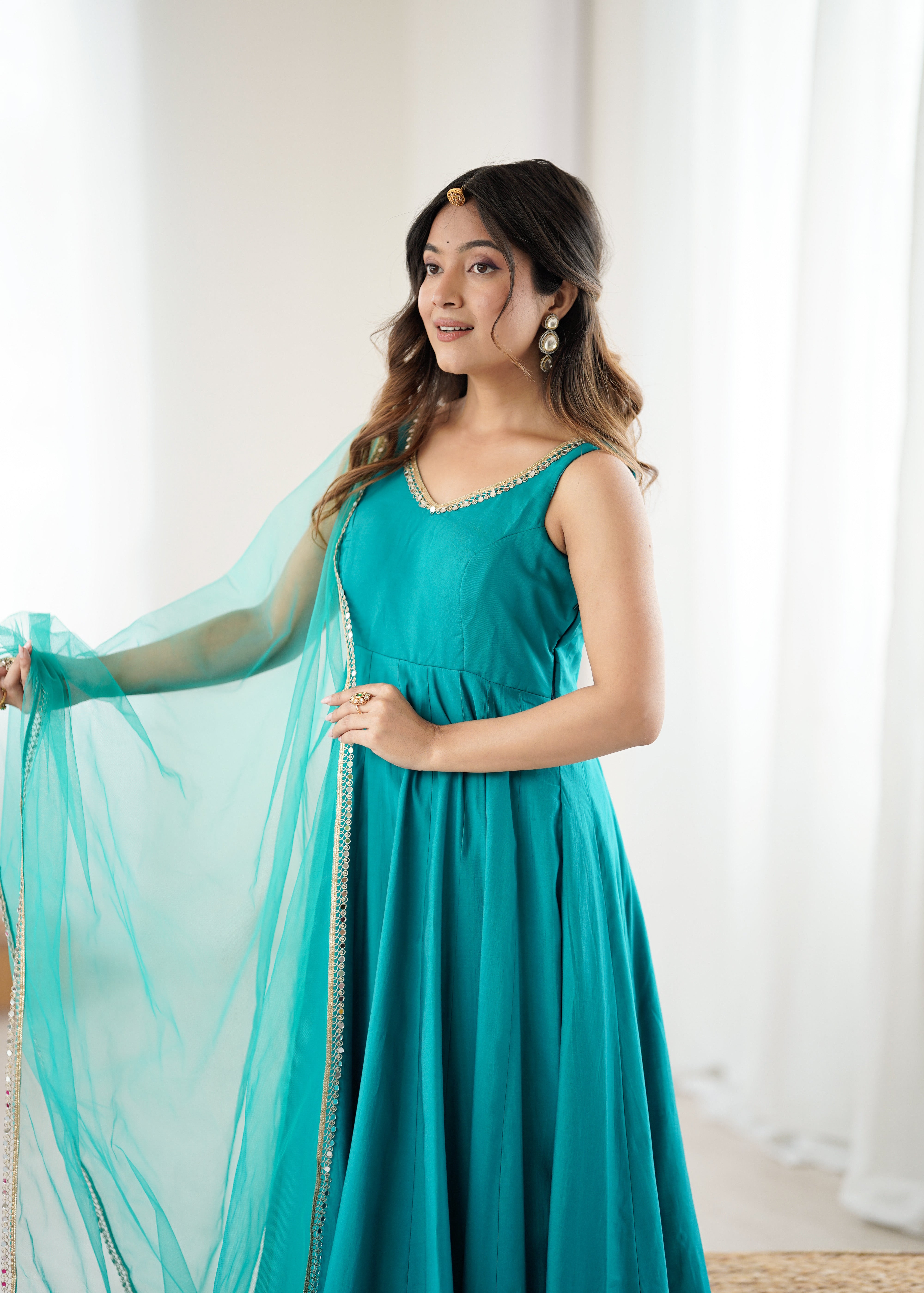 Women's Roman Silk Chanderi Anarkali Pant Dupatta Set with Mirror Lace Dupatta
