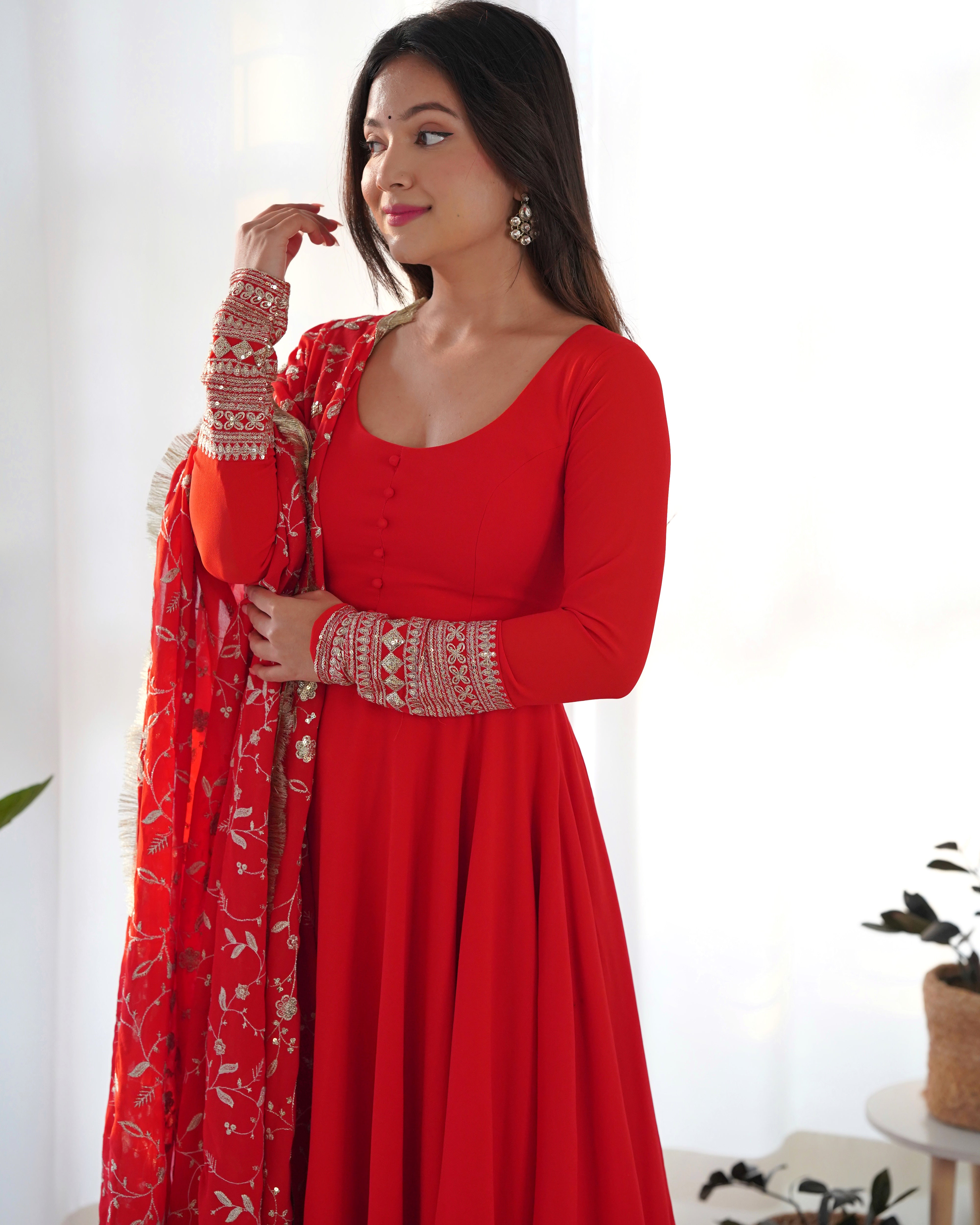 Women's Soft Fox Georgette Anarkali Gown Pant Dupatta Set with Sequence and Zari Work
