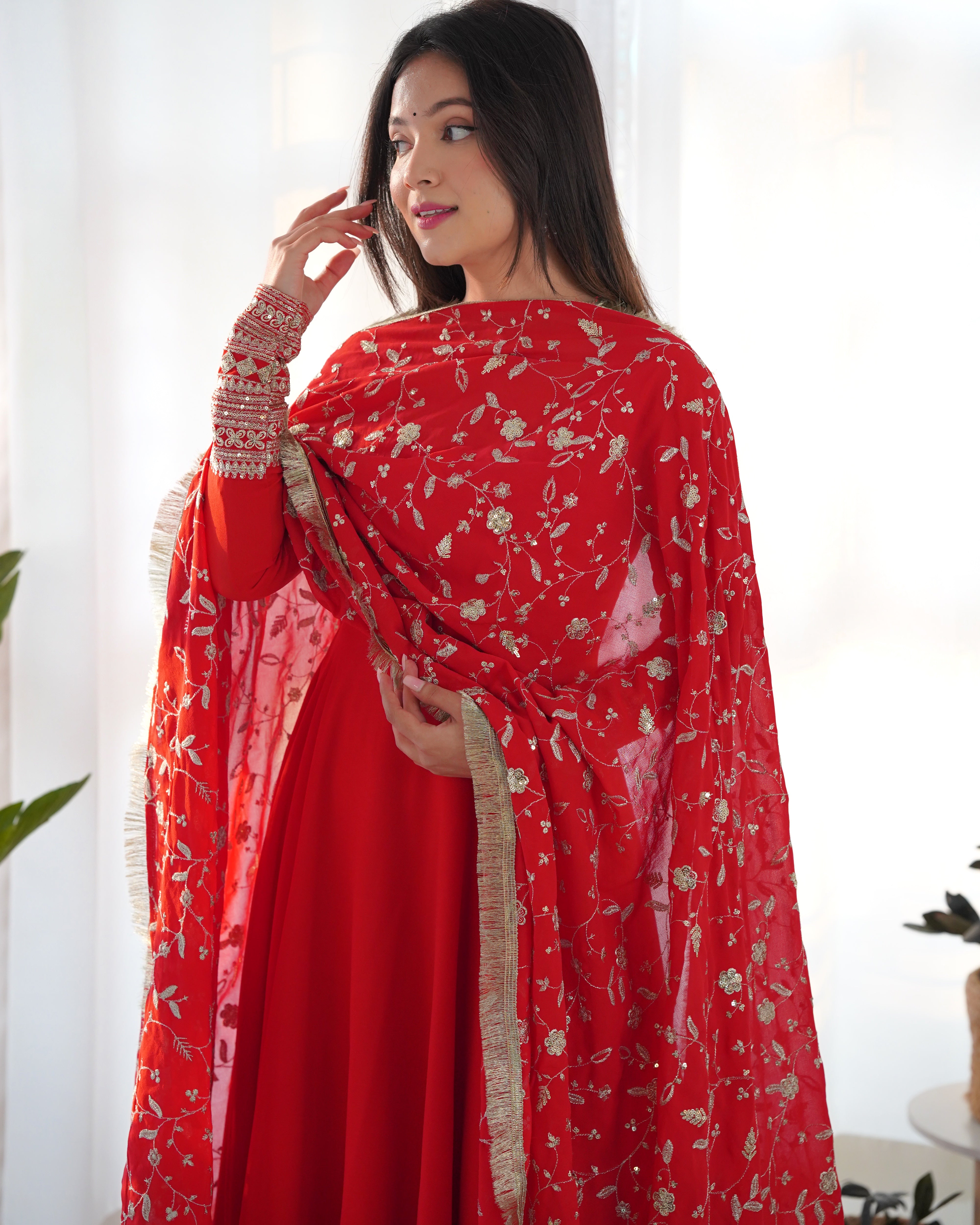 Women's Soft Fox Georgette Anarkali Gown Pant Dupatta Set with Sequence and Zari Work