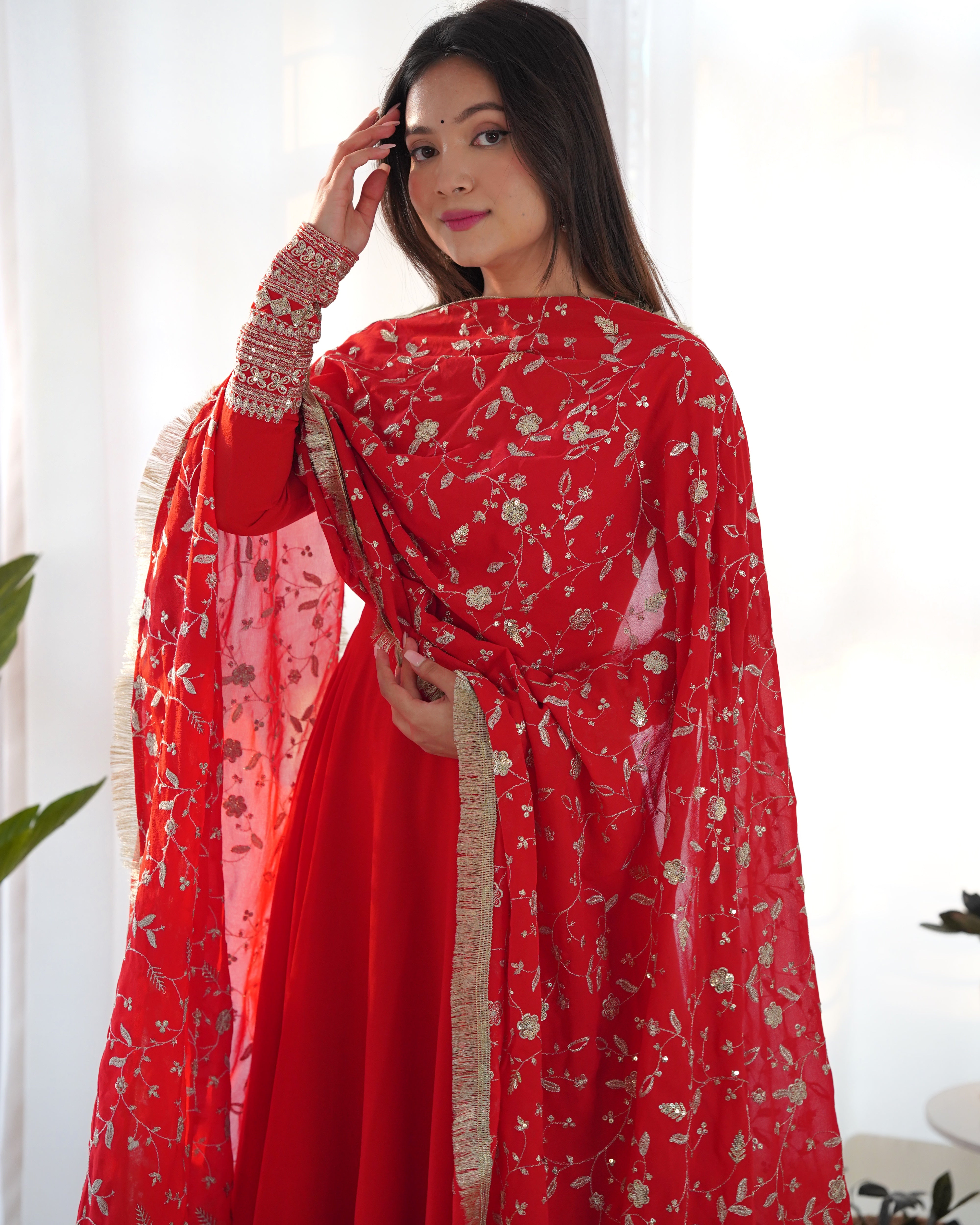 Women's Soft Fox Georgette Anarkali Gown Pant Dupatta Set with Sequence and Zari Work