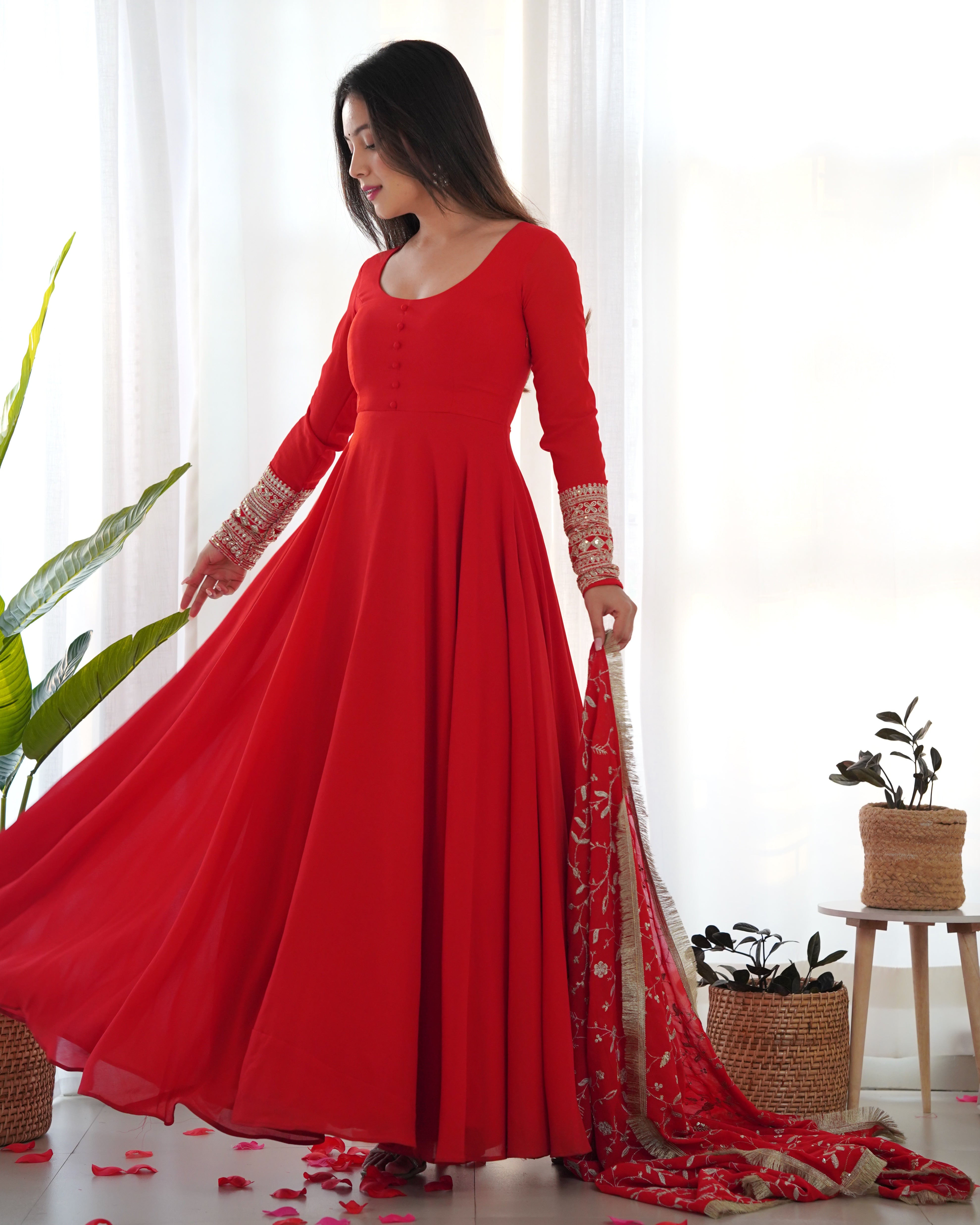 Women's Soft Fox Georgette Anarkali Gown Pant Dupatta Set with Sequence and Zari Work