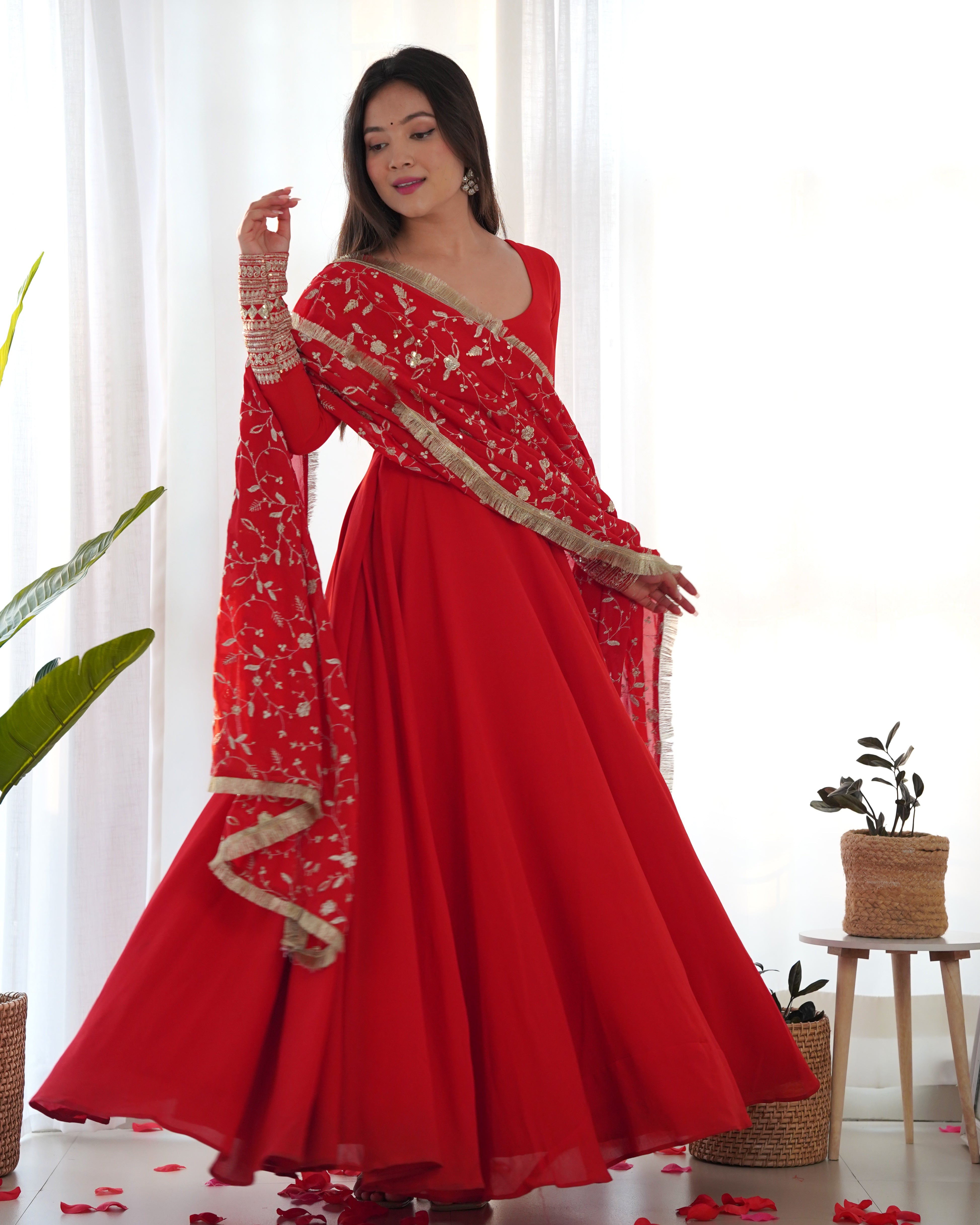 Women's Soft Fox Georgette Anarkali Gown Pant Dupatta Set with Sequence and Zari Work