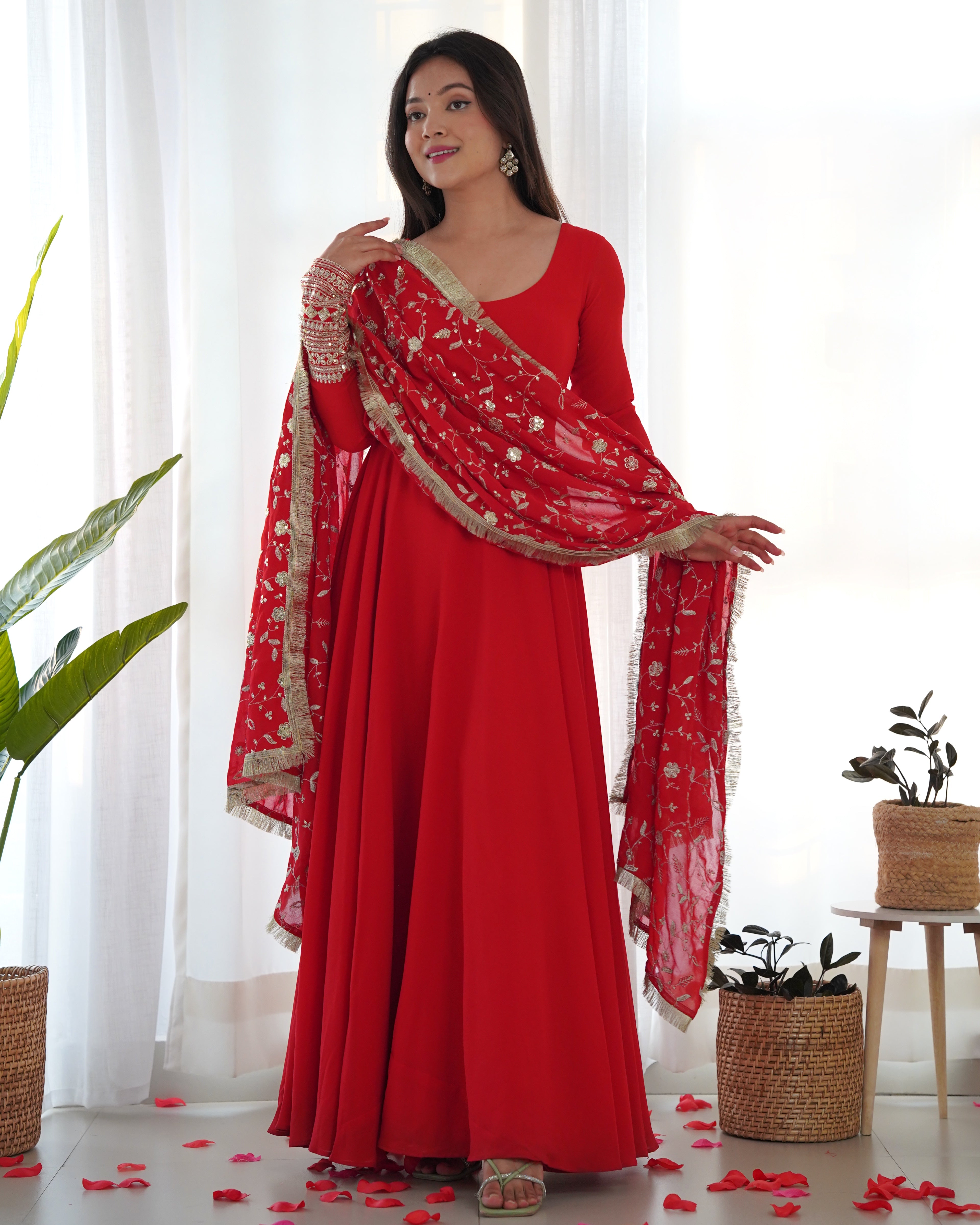 Women's Soft Fox Georgette Anarkali Gown Pant Dupatta Set with Sequence and Zari Work