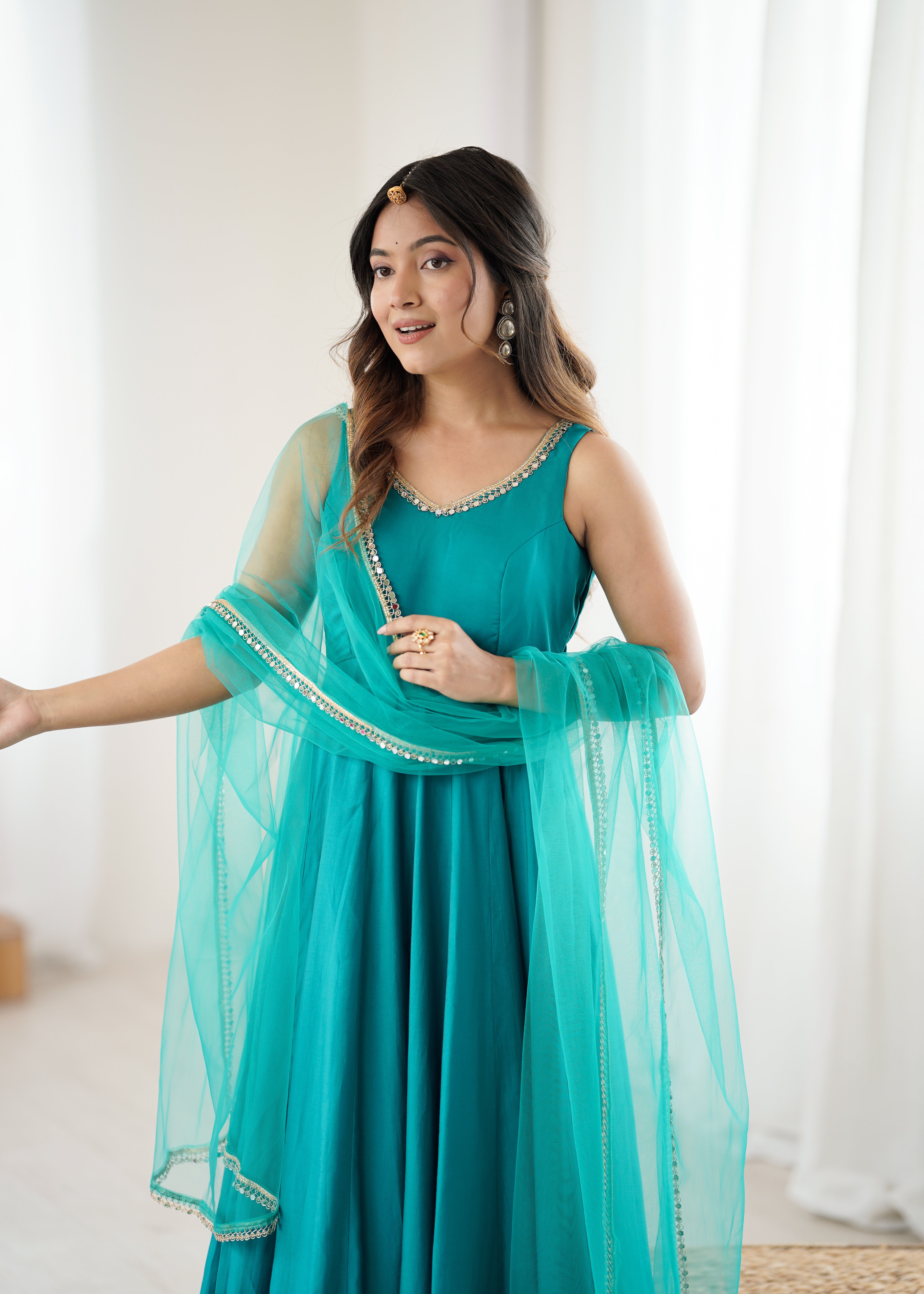 Women's Roman Silk Chanderi Anarkali Pant Dupatta Set with Mirror Lace Dupatta