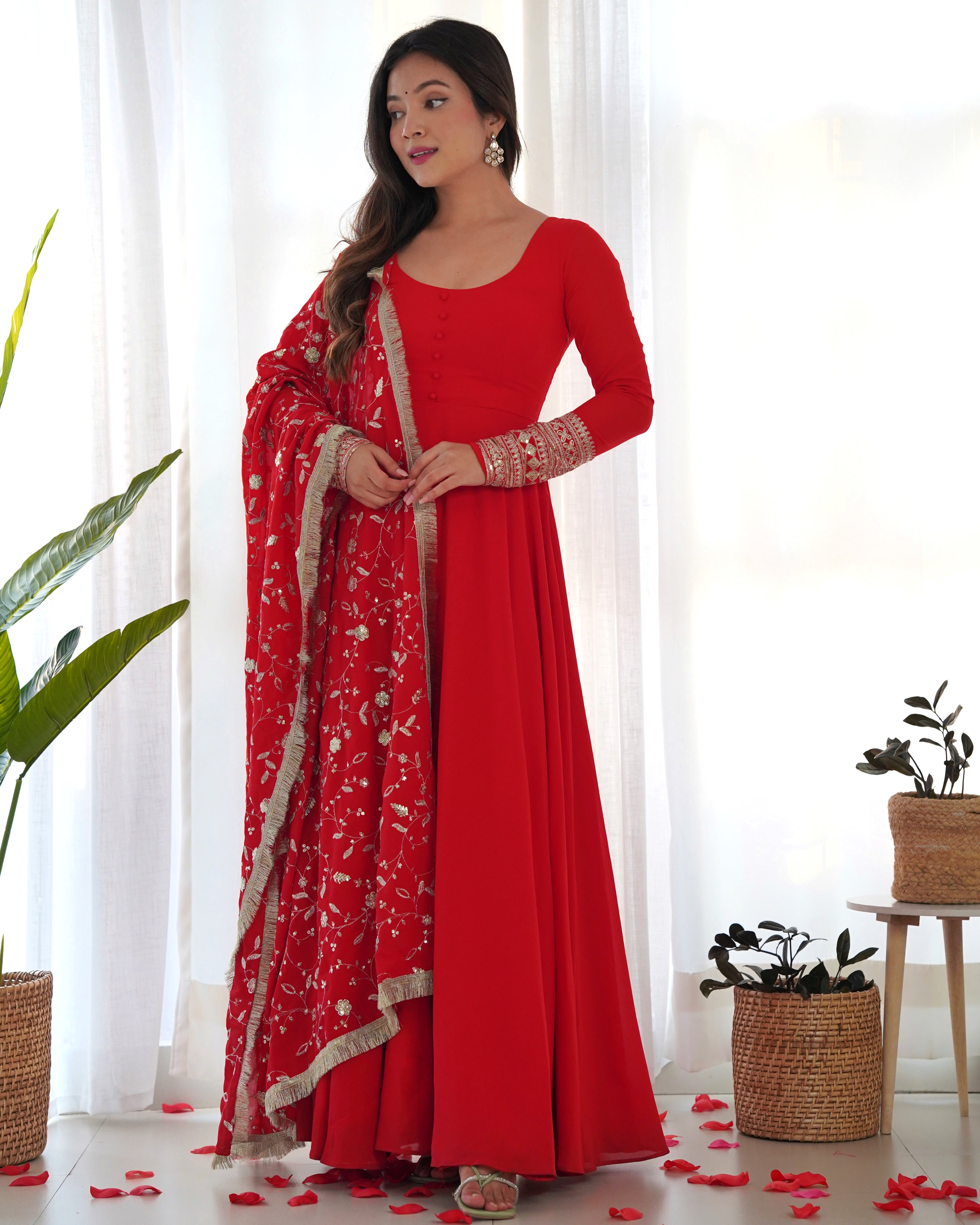 Women's Soft Fox Georgette Anarkali Gown Pant Dupatta Set with Sequence and Zari Work
