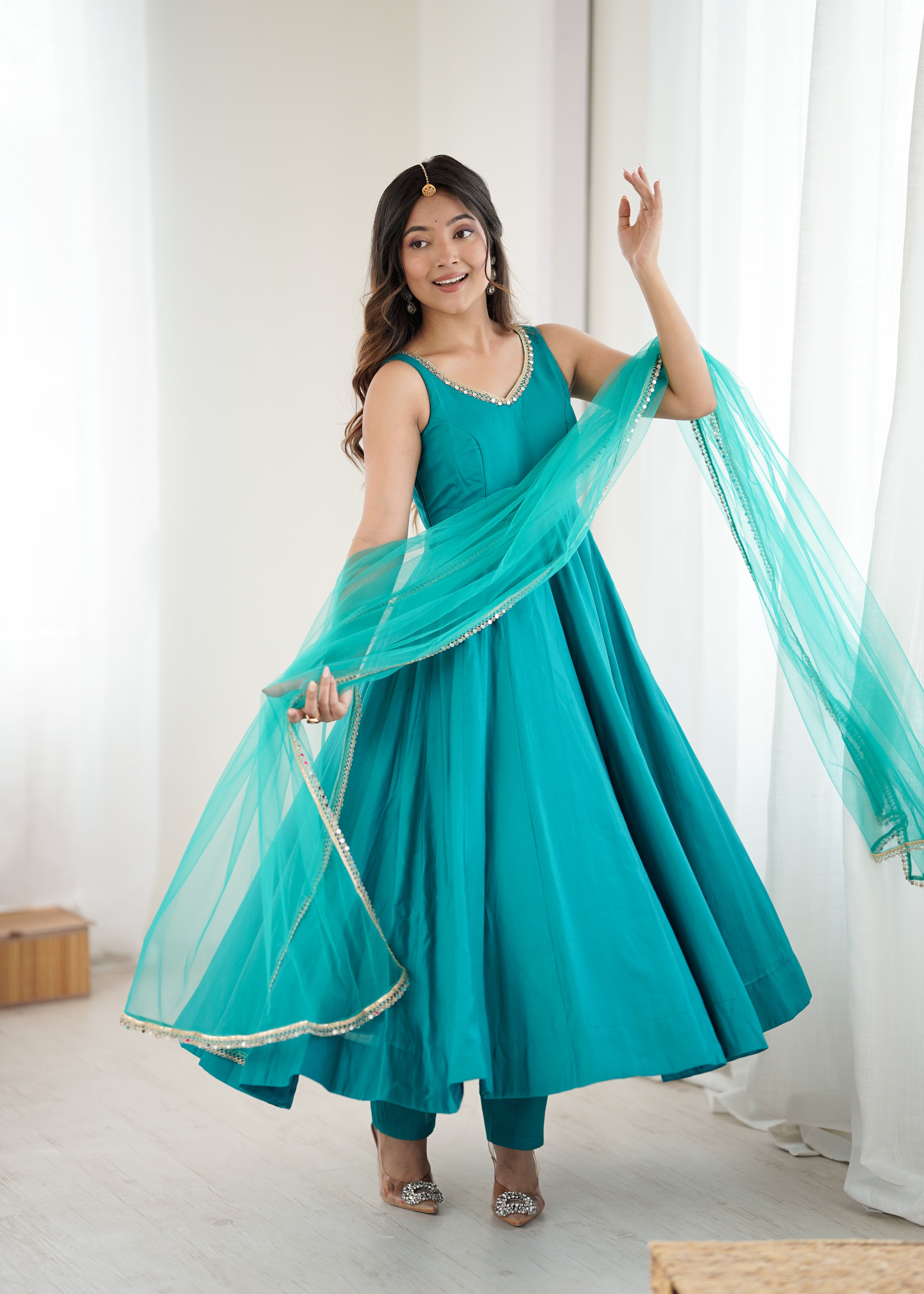 Women's Roman Silk Chanderi Anarkali Pant Dupatta Set with Mirror Lace Dupatta