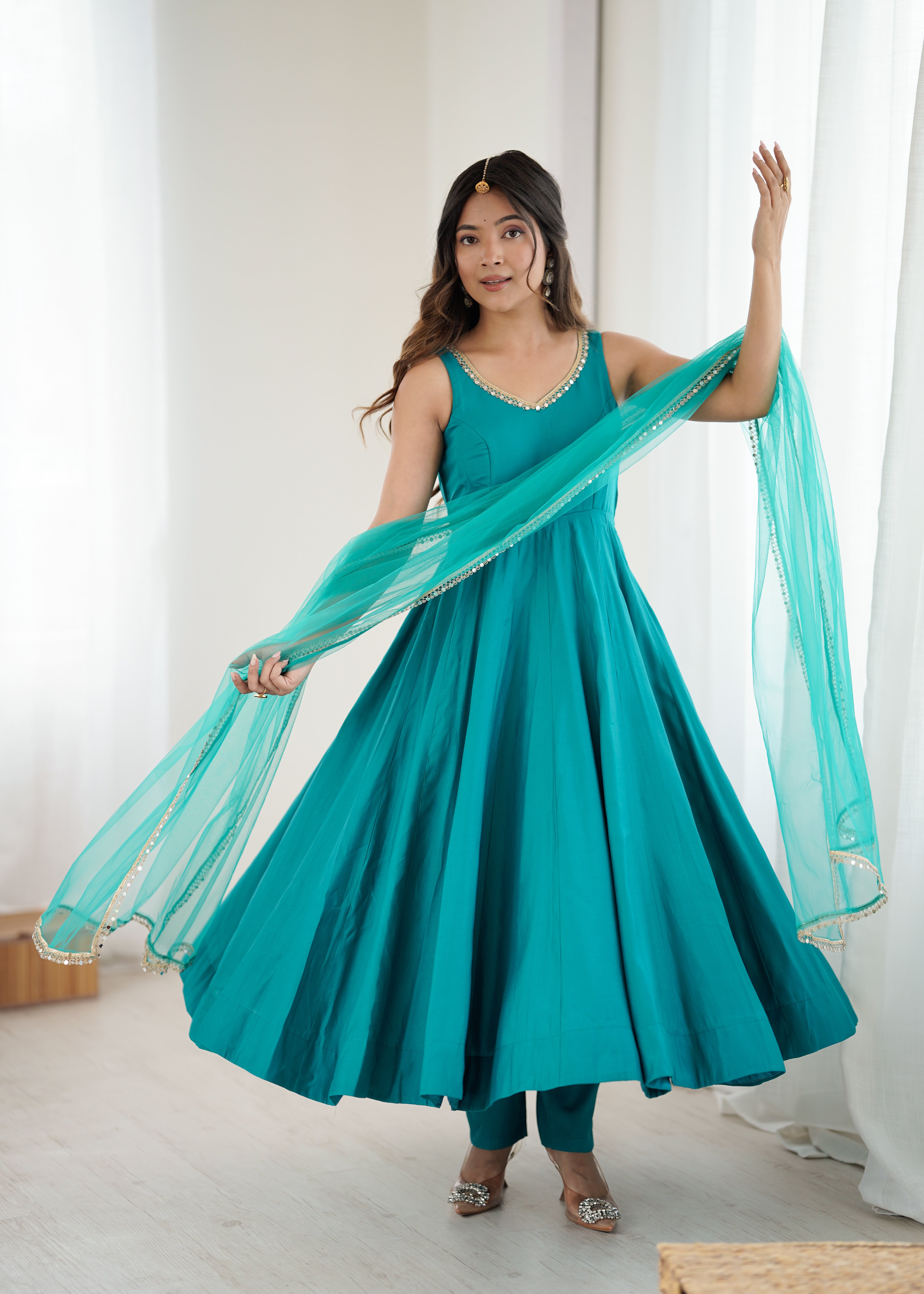 Women's Roman Silk Chanderi Anarkali Pant Dupatta Set with Mirror Lace Dupatta