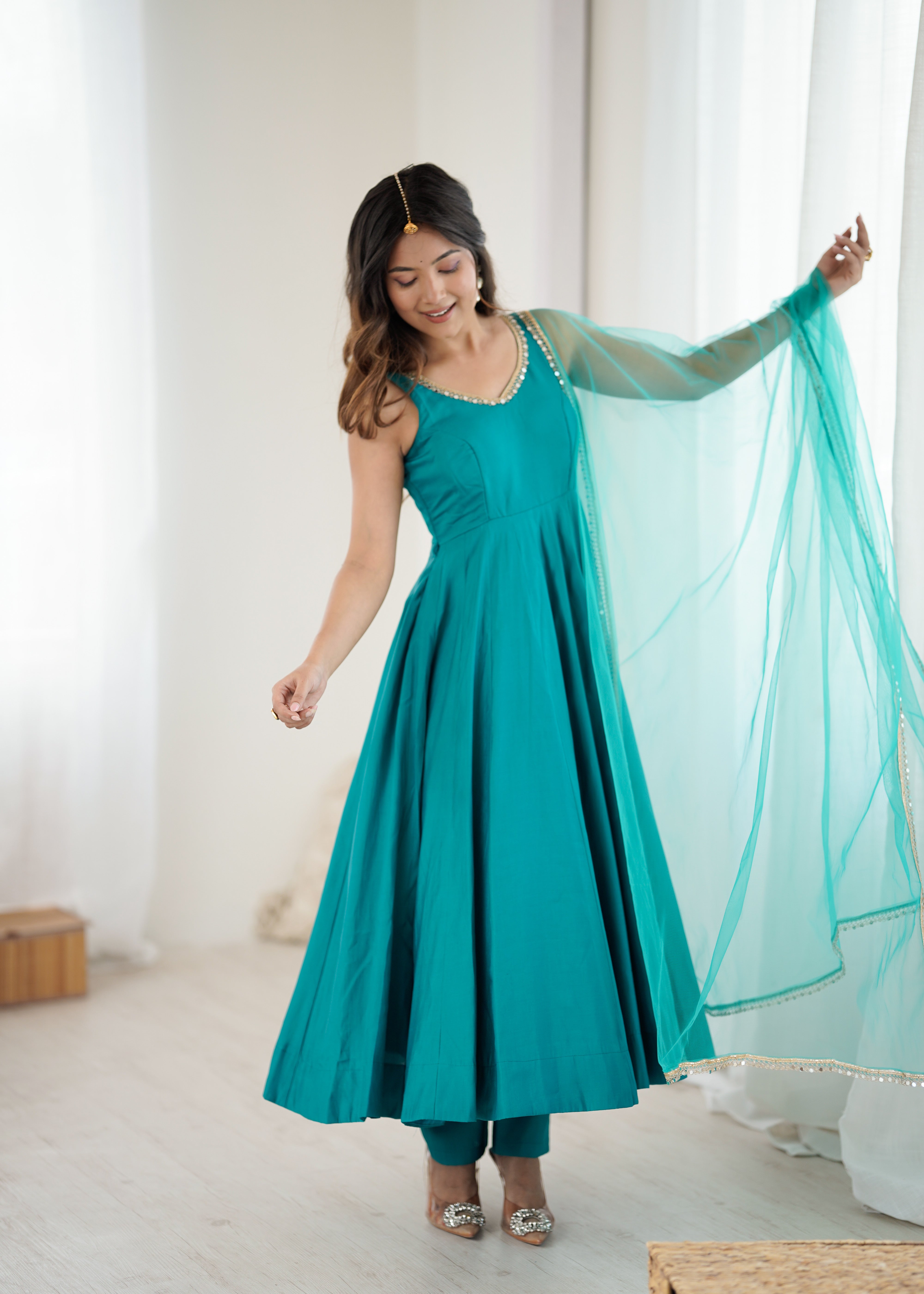 Women's Roman Silk Chanderi Anarkali Pant Dupatta Set with Mirror Lace Dupatta