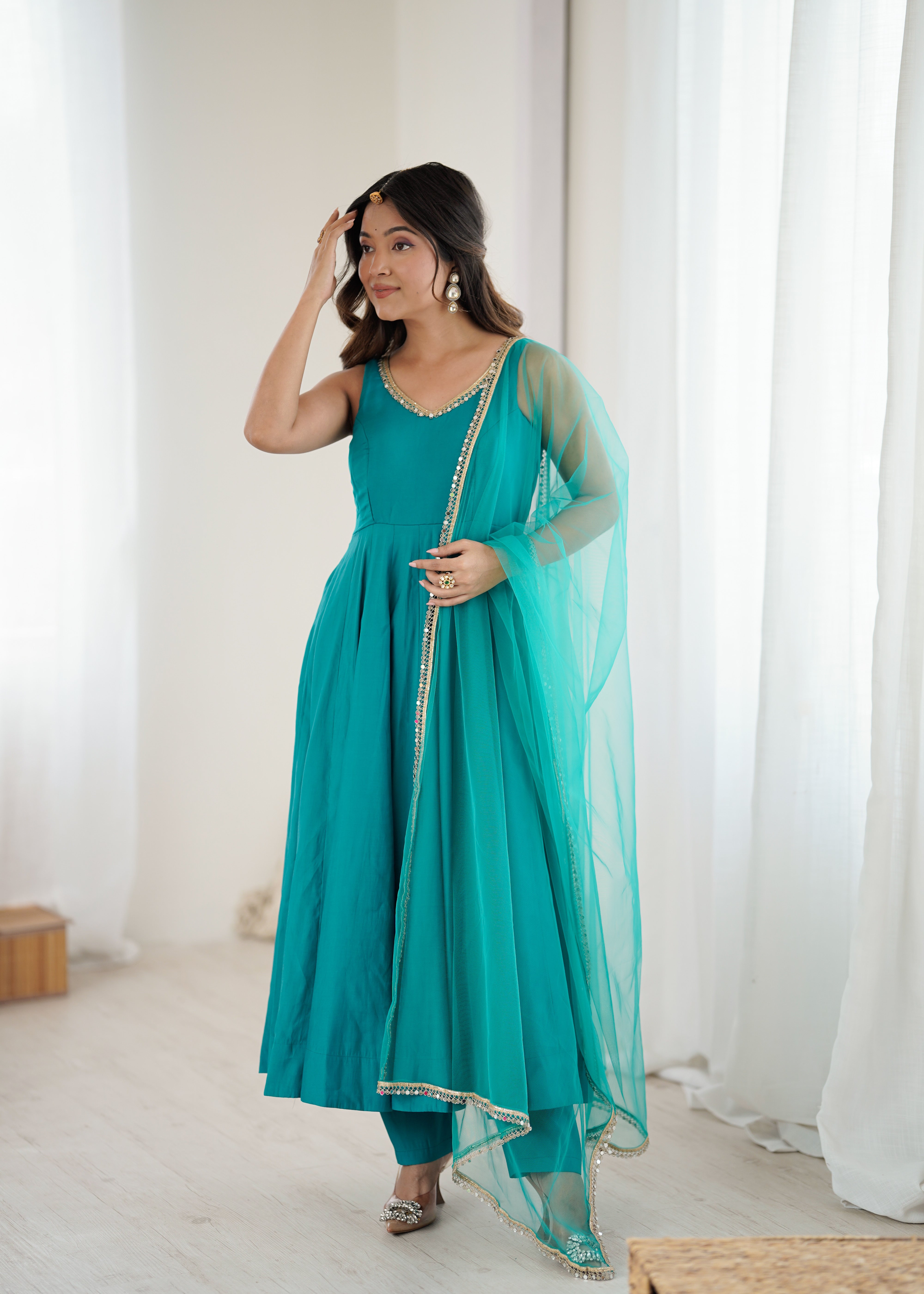Women's Roman Silk Chanderi Anarkali Pant Dupatta Set with Mirror Lace Dupatta