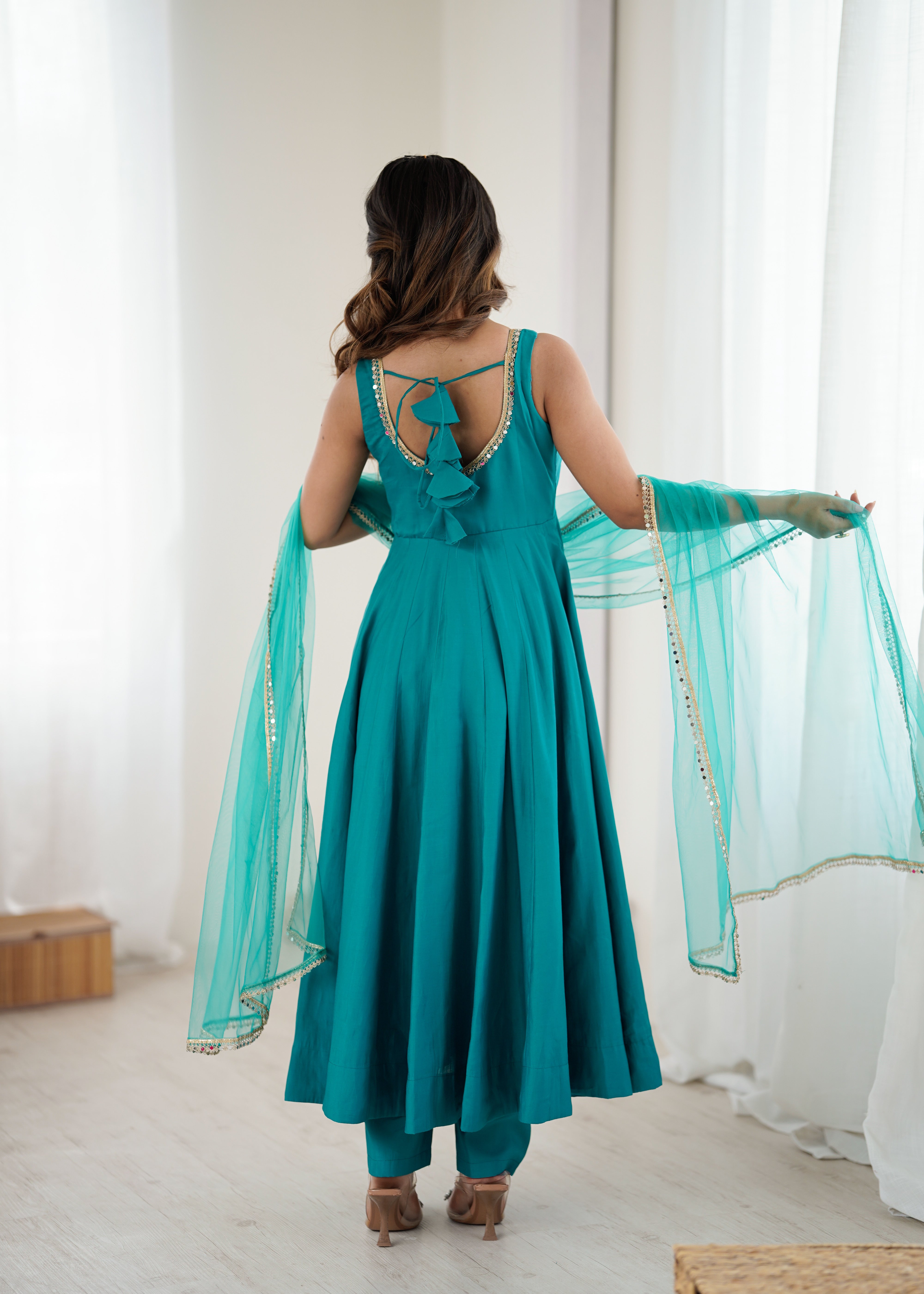 Women's Roman Silk Chanderi Anarkali Pant Dupatta Set with Mirror Lace Dupatta