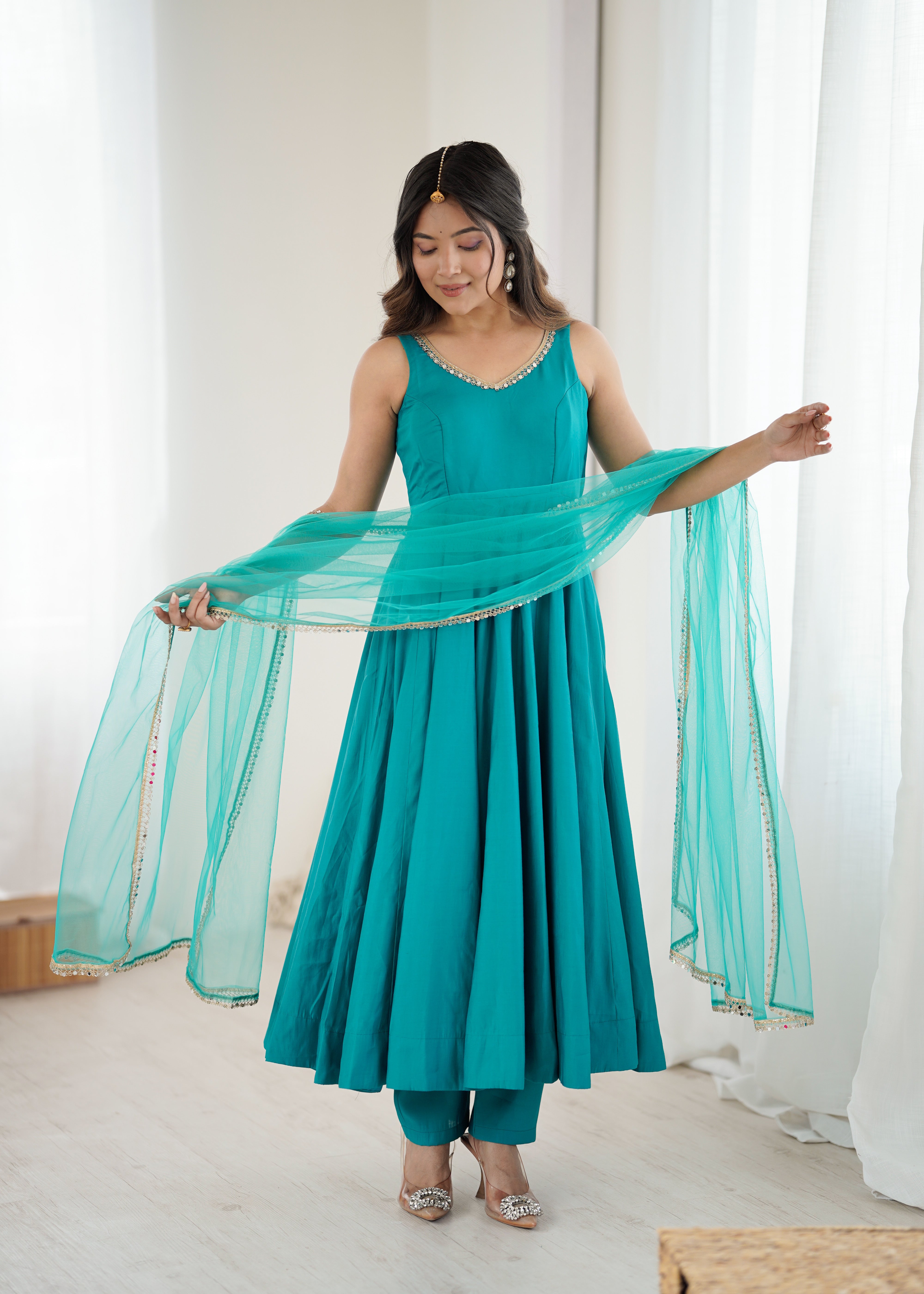Women's Roman Silk Chanderi Anarkali Pant Dupatta Set with Mirror Lace Dupatta
