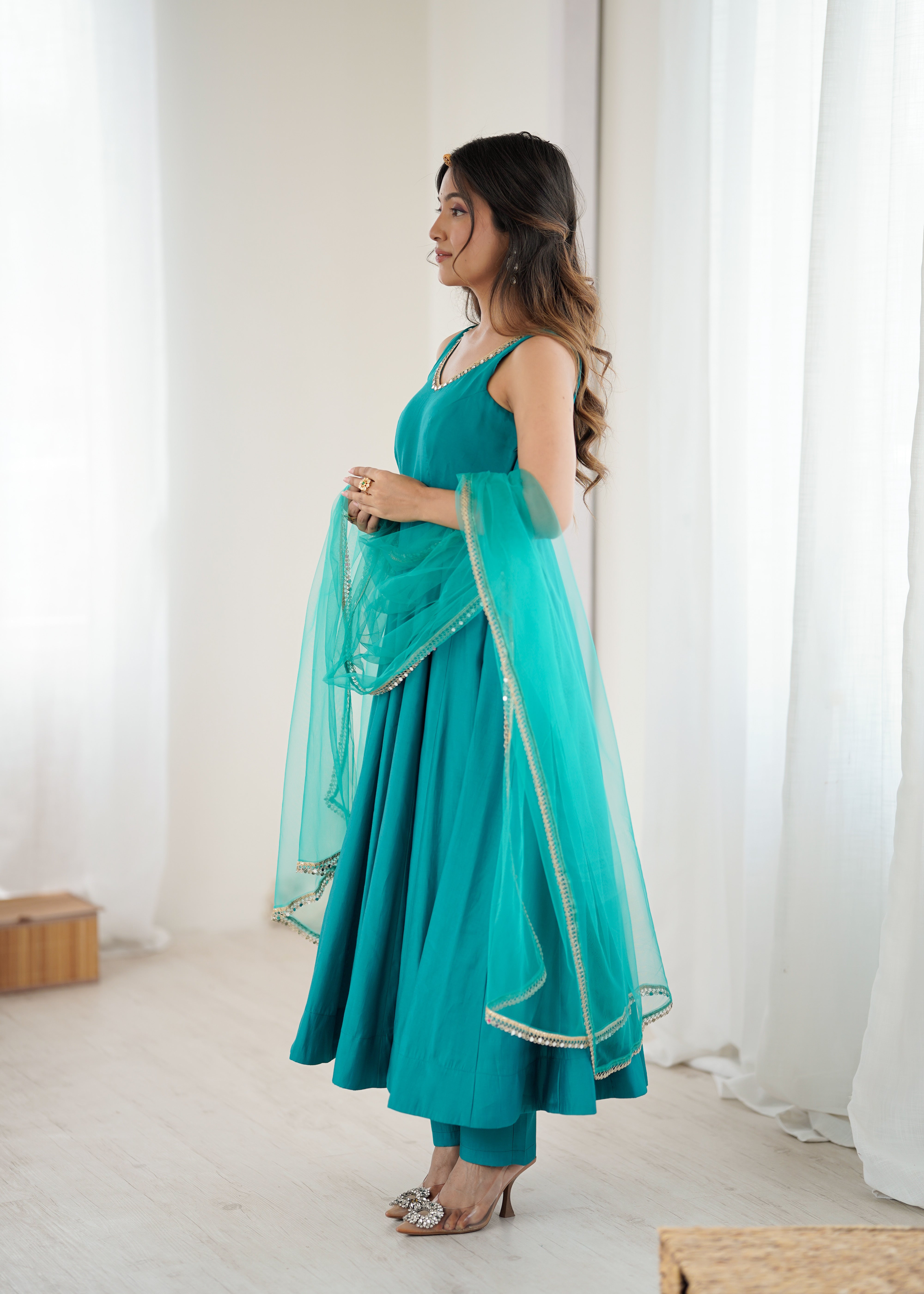 Women's Roman Silk Chanderi Anarkali Pant Dupatta Set with Mirror Lace Dupatta
