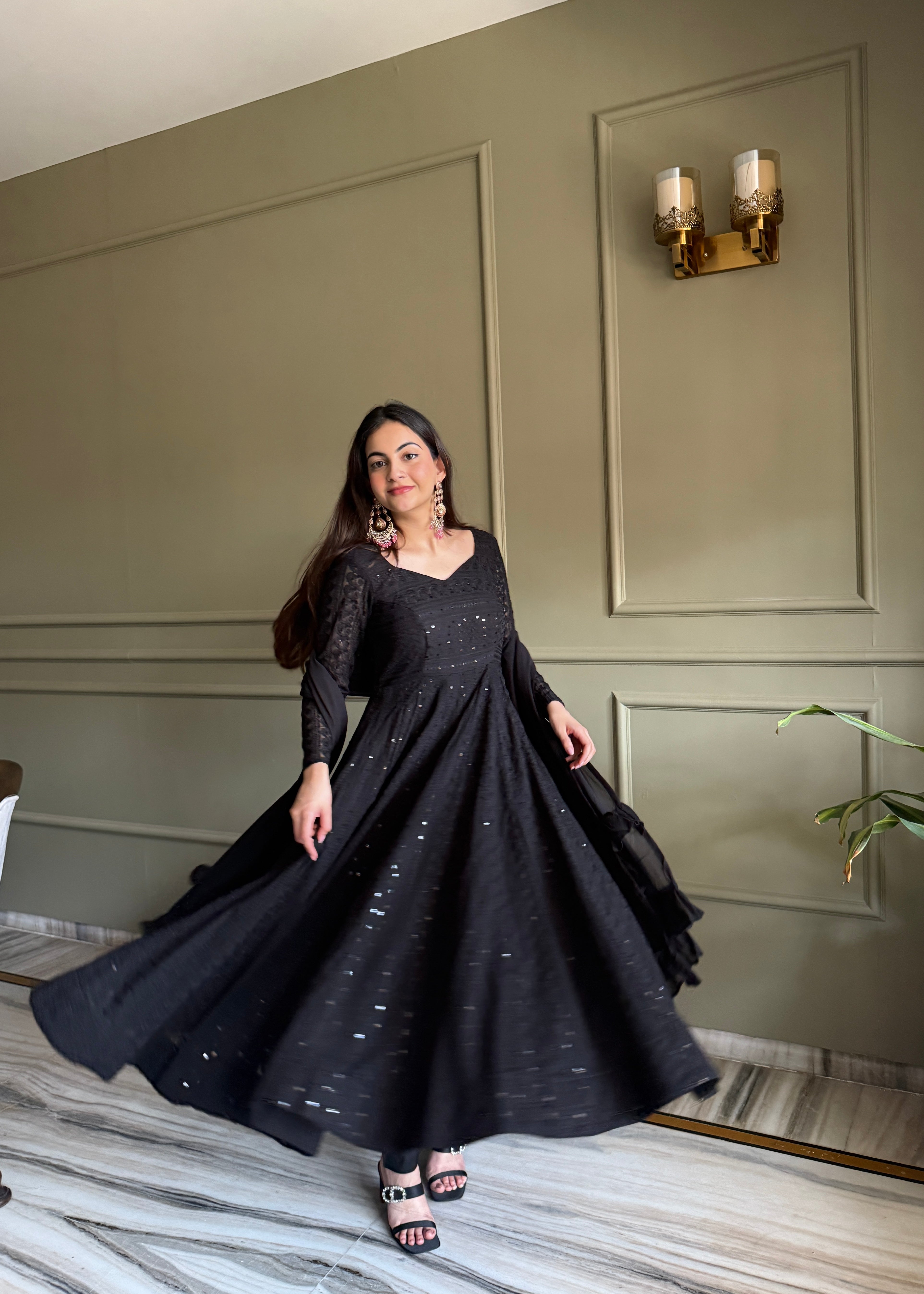 Lucknowi Georgette Anarkali Suit Set with Sequence Thread Work and Ruffle Dupatta