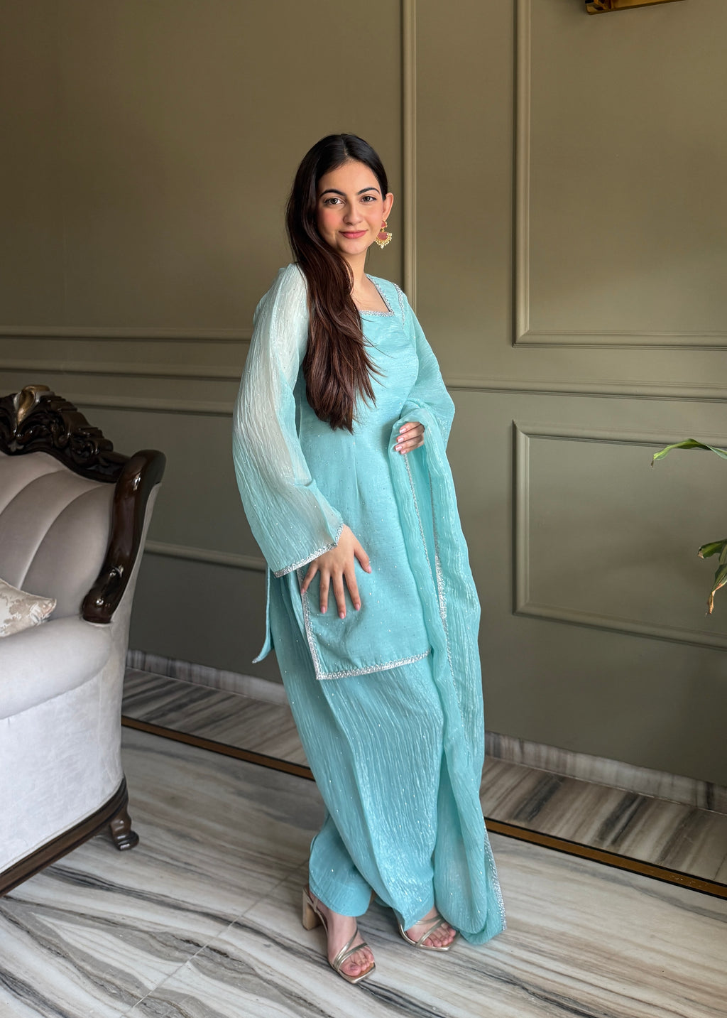 Women's Crunchy Silk Farshi Salwar Suit Set with Swarovski Work and Dupatta