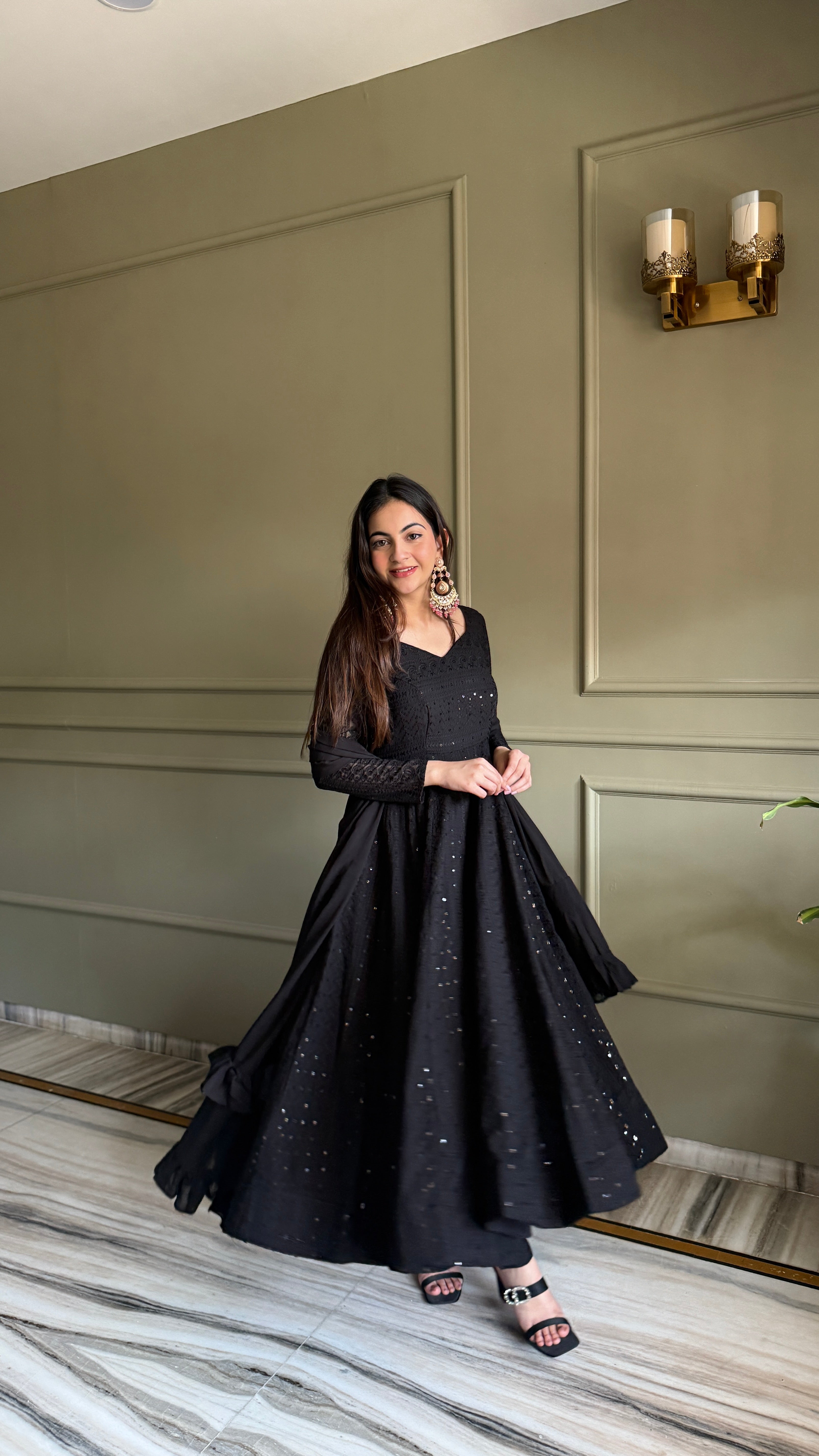 Lucknowi Georgette Anarkali Suit Set with Sequence Thread Work and Ruffle Dupatta
